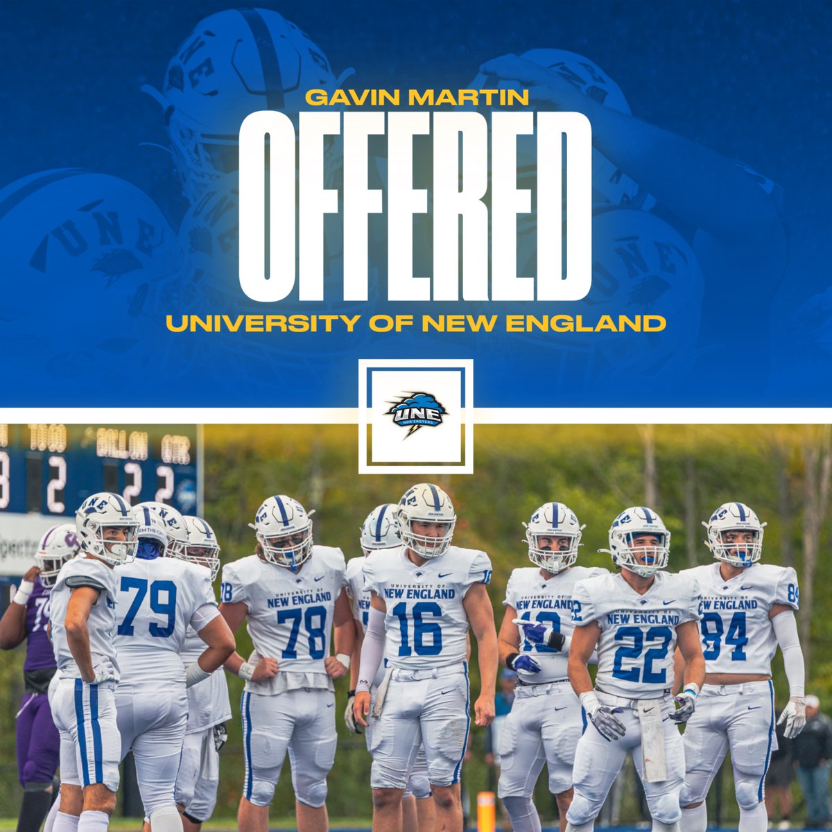 Gavin Martin (@gavin_martin4) on Twitter photo I want to thank <a href="/CoachMRodman/">Michael Rodman</a> for the invite this past weekend. I had a great talk with <a href="/CoachLichten/">Coach Mike Lichten</a> and the rest of the staff and am excited to say that I've received an offer from <a href="/football_une/">UNE Football Recruiting</a>.
<a href="/BryceGuilbeault/">Coach Guilbeault</a> <a href="/CoachPinaQBV/">Coach Mike Pina Jr.</a> I want to thank <a href="/CoachMRodman/">Michael Rodman</a> for the invite this past weekend. I had a great talk with <a href="/CoachLichten/">Coach Mike Lichten</a> and the rest of the staff and am excited to say that I've received an offer from <a href="/football_une/">UNE Football Recruiting</a>.
<a href="/BryceGuilbeault/">Coach Guilbeault</a> <a href="/CoachPinaQBV/">Coach Mike Pina Jr.</a>