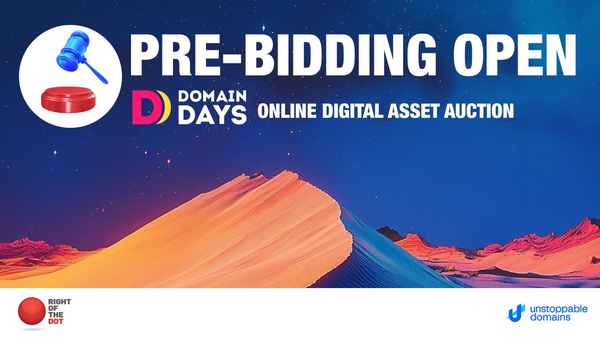 Unstoppable Domains (@unstoppableweb) on Twitter photo Pre-bidding for the <a href="/domain_days/">Domain Days Dubai</a> Online Digital Asset Auction with <a href="/RIGHToftheDOT/">RIGHToftheDOT</a> is officially open!
This year, we’re offering a one-of-a-kind selection of premium Middle Eastern-inspired domains, perfect for anyone looking to own a unique piece of digital real estate.
From Pre-bidding for the <a href="/domain_days/">Domain Days Dubai</a> Online Digital Asset Auction with <a href="/RIGHToftheDOT/">RIGHToftheDOT</a> is officially open!
This year, we’re offering a one-of-a-kind selection of premium Middle Eastern-inspired domains, perfect for anyone looking to own a unique piece of digital real estate.
From