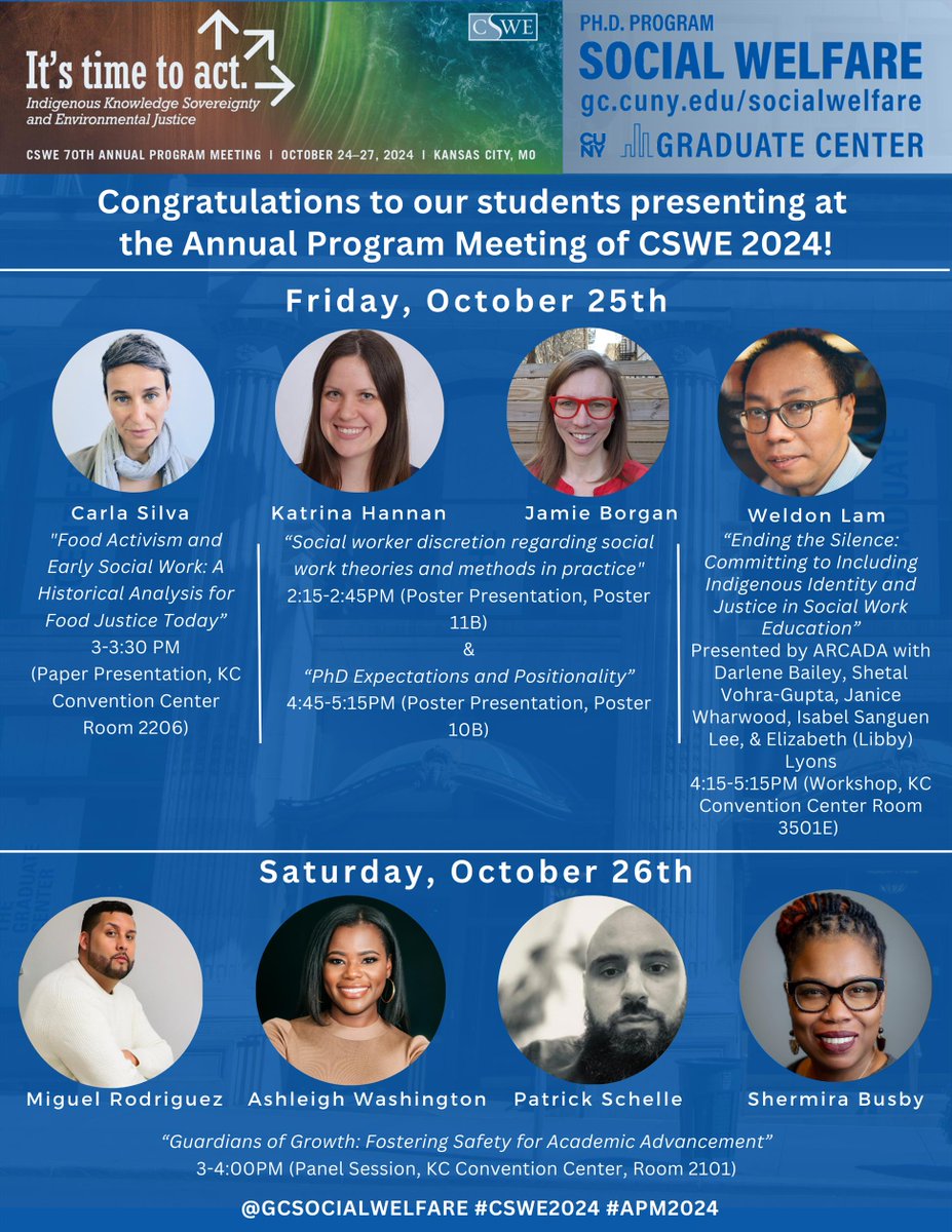 GCSocialWelfare's tweet image. Excited and proud of our @GC_CUNY student lineup for the @CSocialWorkEd Annual Program Meeting 2024! #cswe2024 #cswe24 #apm2024 #apm24