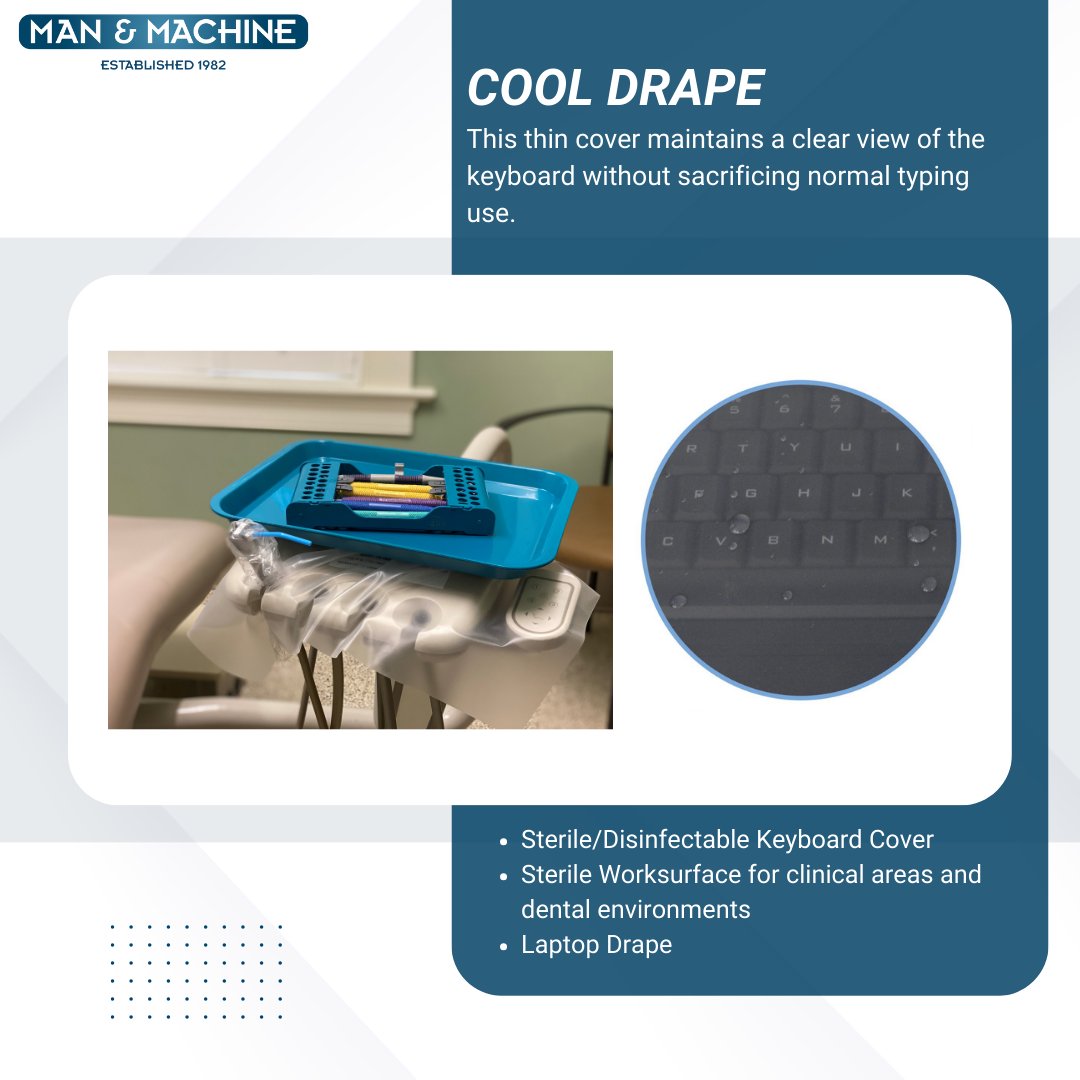 ManAndMachineCo's tweet image. Protect your keyboard and workspace with the Cool Drape! This moisture-resistant silicone cover provides a sterile worksurface and is easy to clean with wipes or in an autoclave. 💧🧽 #ManAndMachineInc #washablekeyboards #keyboardbarriers #dentalkeyboards