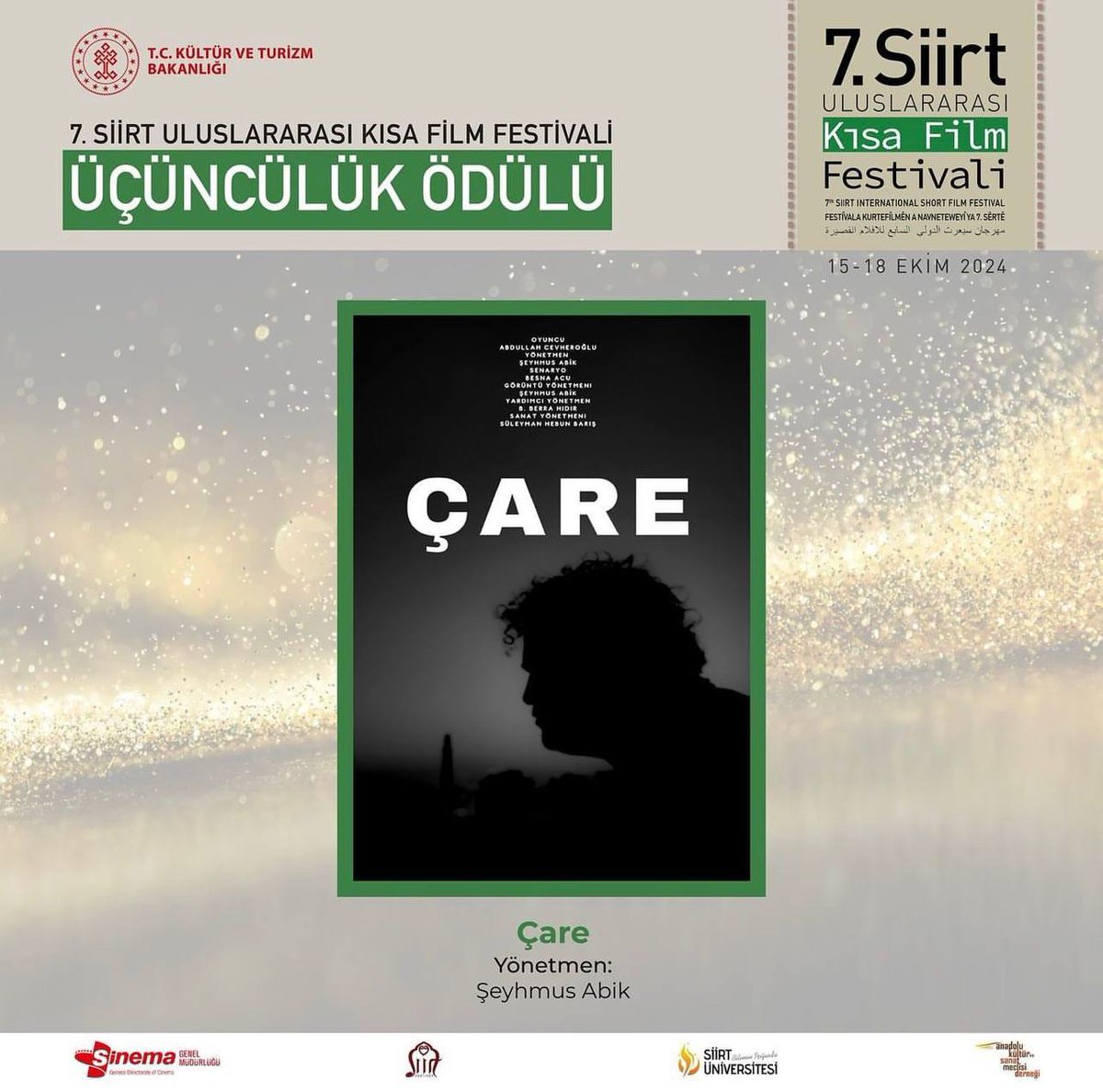 Sinema ve Medya Topluluğu üyemiz Abdullah Cevheroğlu’nun başrolde olduğu “Çare” adlı kısa filmi 7. Siirt Uluslararası Kısa Film Festivali’nde üçüncü olmuştur. Kendilerini tebrik eder, başarılarının devamını dileriz. <a href="/ibrahimozcosar/">ibrahim özcoşar</a> <a href="/mardinartuklu/">Mardin Artuklu Üniversitesi</a>