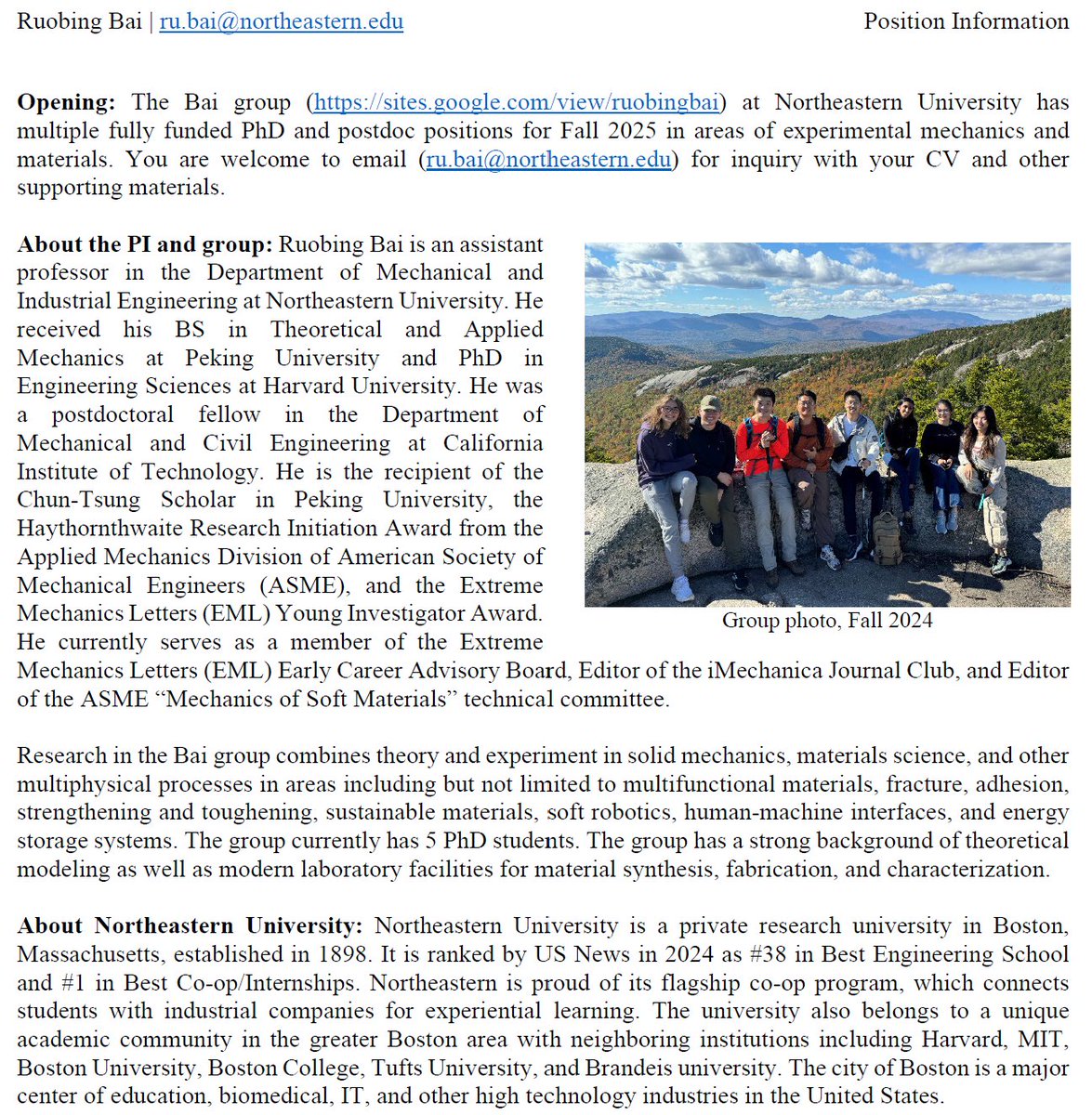 Ruobing Bai (@ruobingb) on Twitter photo My group (sites.google.com/view/ruobingbai) at Northeastern University has multiple fully funded PhD and postdoc positions for Fall 2025 in areas of experimental mechanics and materials. You are welcome to email (ru.bai@northeastern.edu) for inquiry with your CV and supporting materials. My group (sites.google.com/view/ruobingbai) at Northeastern University has multiple fully funded PhD and postdoc positions for Fall 2025 in areas of experimental mechanics and materials. You are welcome to email (ru.bai@northeastern.edu) for inquiry with your CV and supporting materials.