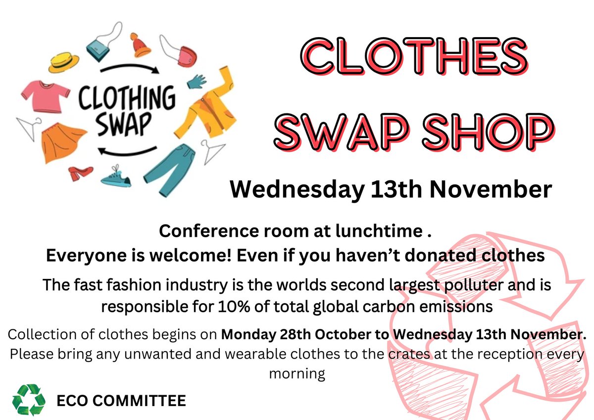 Our Eco-Committee will be hosting a Swap Shop on 13/11!  If you have any unwanted, wearable clothing/accessories please donate 👚👕👖🥻👗👢👒👜