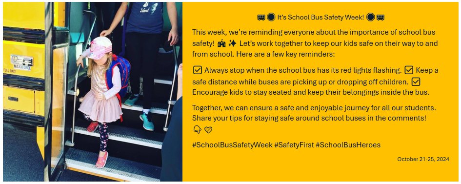 School Bus Safety Week is October 21 to 25, 2024. STSCO would like to remind everyone to take special care and caution whenever you are approaching a school bus. 
<a href="/kprschools/">KPRDSB</a> <a href="/PVNCCDSB/">PVNC Catholic</a> #SchoolBusSafetyWeek #SafetyFirst #SchoolBusHeros