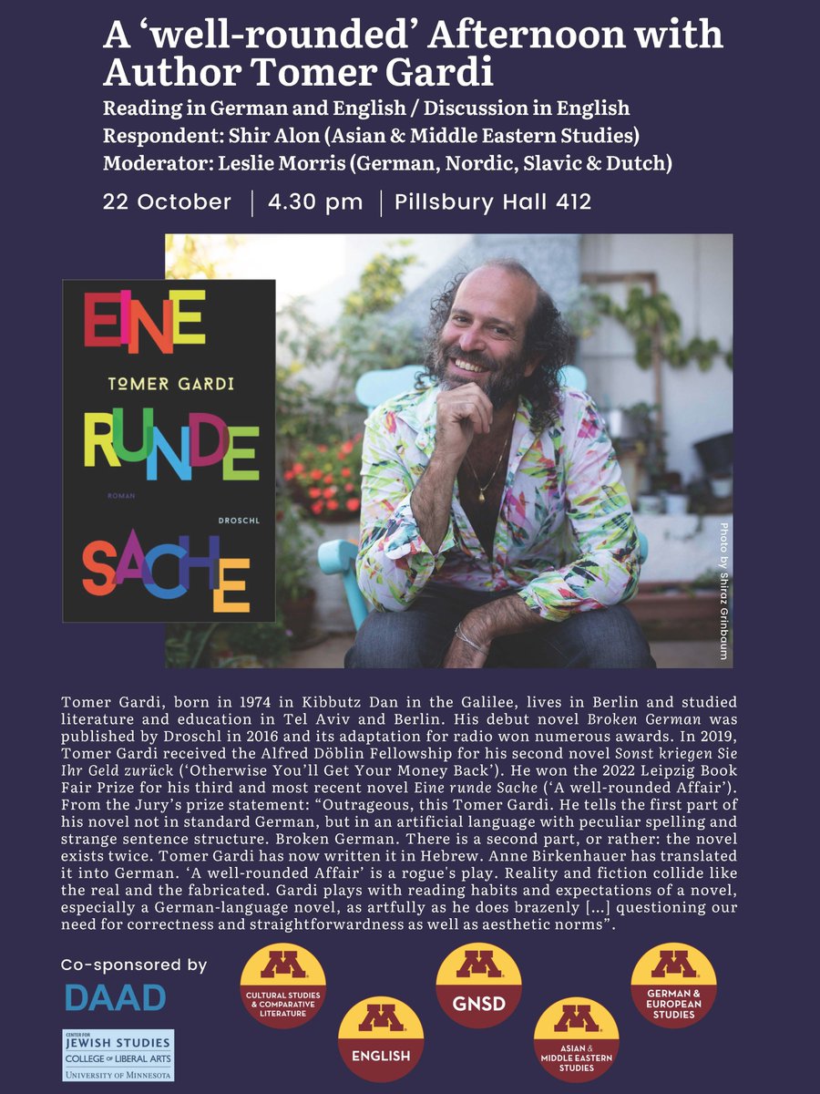 A ‘well-rounded’ Afternoon with Author Tomer Gardi | Reading and Discussion cla.umn.edu/gnsd/news-even…