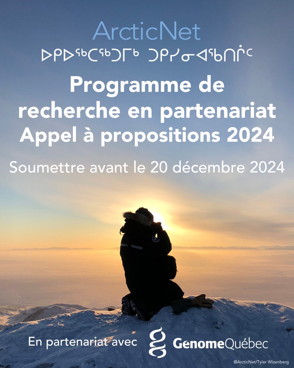 ArcticNet's tweet photo. ArcticNet amorce sa nouvelle phase de financement et lance son appel de propositions! Présentez votre demande d’ici le 20 déc 2024 pour être admissible à une aide financière dans le cadre du Programme de recherche en partenariat! https://t.co/ko6oVcfyc4 @ISED_CA @GenomeQuebec https://t.co/EDJpHM6but