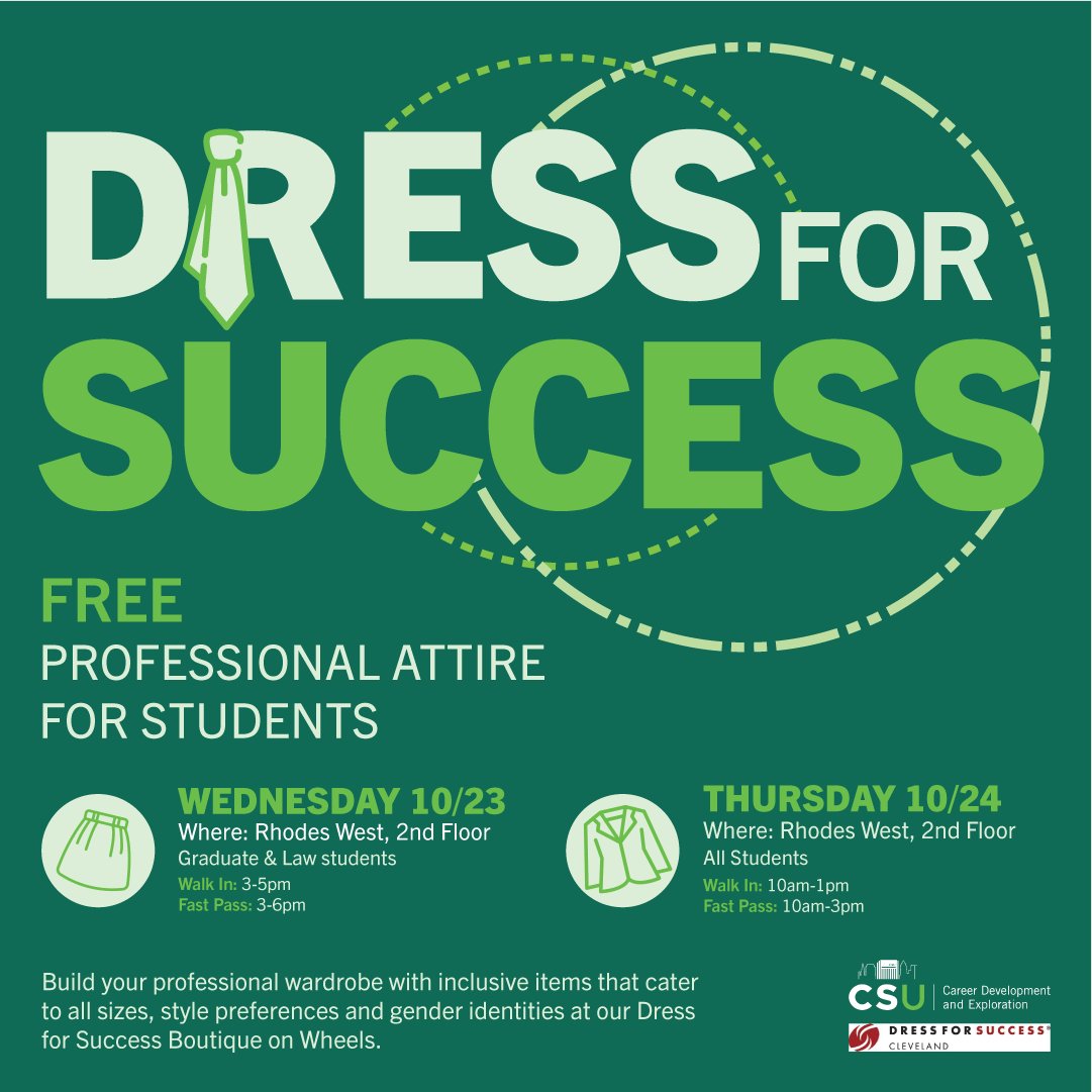 Need professional attire? Join us at Dress for Success to build your wardrobe with inclusive options!

Graduate &amp; Law students: Wednesday, 10/23 ⏰ Walk-ins: 3-5pm | Fast Pass: 3-6pm

All students: Thursday, 10/24 ⏰ Walk-ins: 10am-1pm | Fast Pass: 10am-3pm