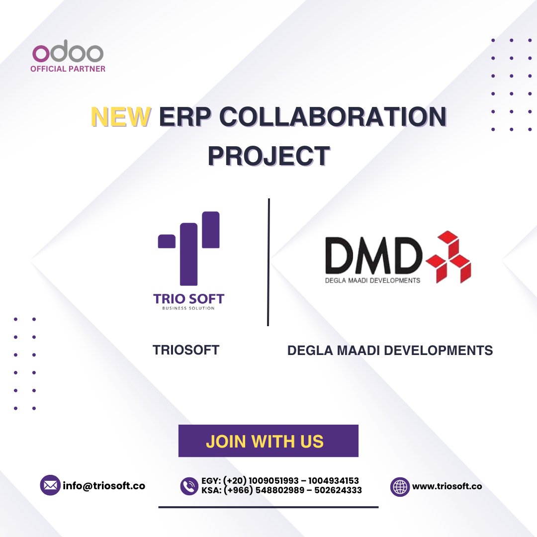 Triosoft_'s tweet image. يسعدنا ان نعلن عن توقيع عقد جديد مع شركة دجلة للتطوير العمراني، لتنفيذ سيستم اودو لتطوير النظام المالي والإداري وإدارة المشاريع والإيجارات.
 لتفاصيل اكثر عن نظام اودو تواصل معنا :
🇪🇬: ١٠٠٤٩٣٤١٥٣ - ١٠٠٩٠٥١٩٩٣ (٢٠+)
🇸🇦:  ٥٠٢٦٢٤٣٣٣ - ٥٤٨٨٠٢٩٨٩ (٩٦٦+)
#Odoo #ERP #Triosoft