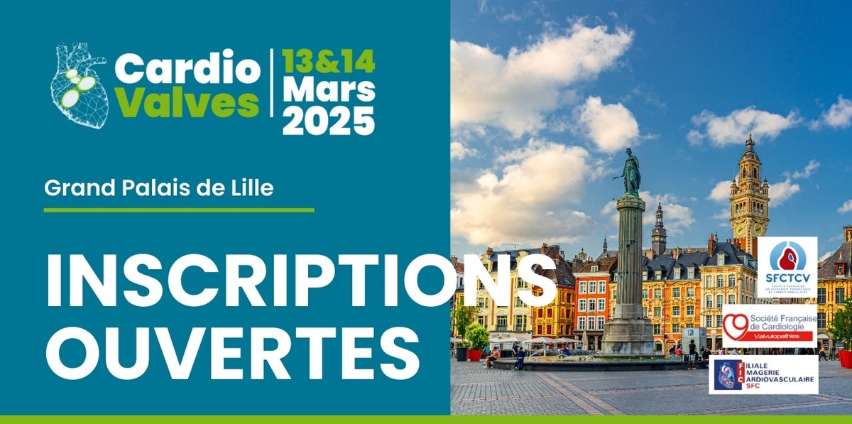 Les inscriptions sont ouvertes pour CardioValves 2025 ! 🎉 

Rendez-vous les 13 et 14 mars 2025, au Grand Palais de Lille pour échanger autour des valvulopathies. 🫀

‼️ Je réserve ma place ici : events.mc-com.fr/cardiovalves20…

ℹ️ Pour plus d'infos : cardio-valves.fr
