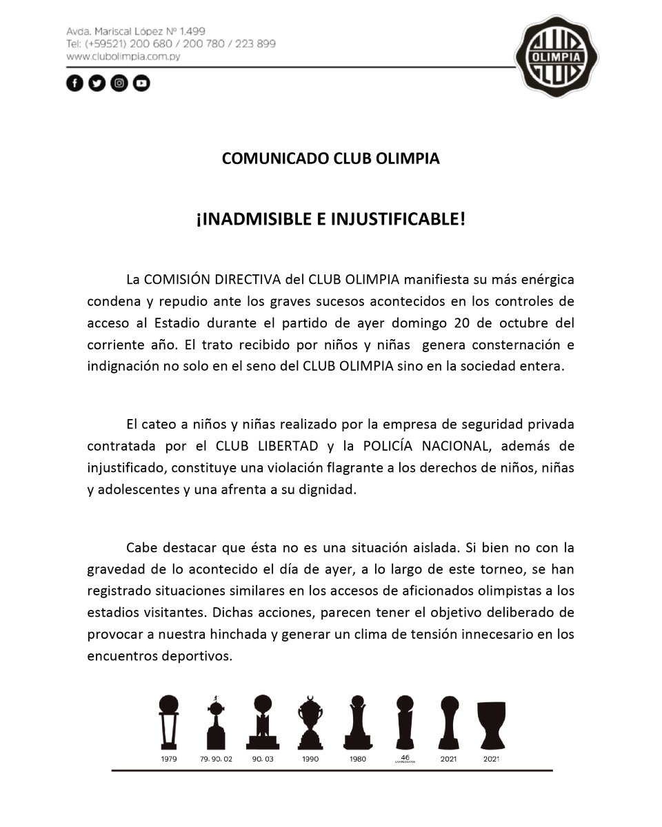 elClubOlimpia's tweet photo. COMUNICADO OFICIAL ⸺ 21/10/2024. https://t.co/xOVTZ4R5WJ