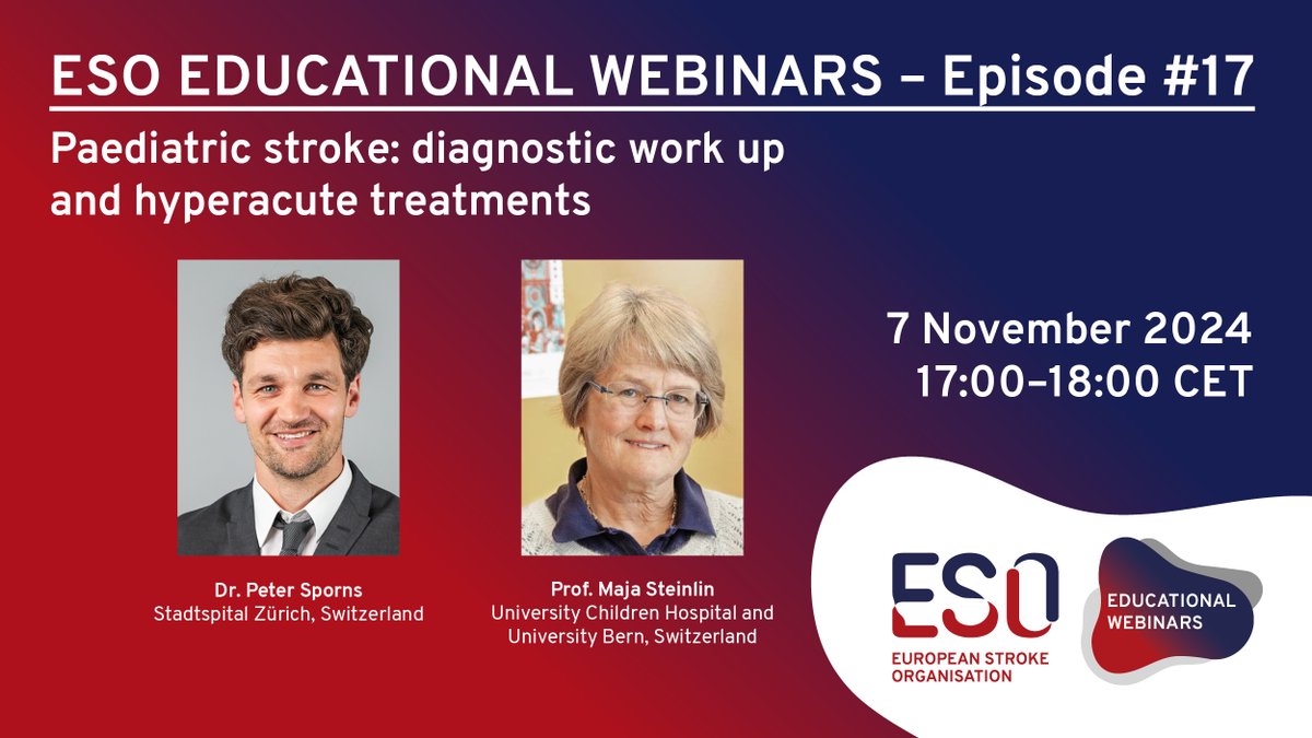 European Stroke Org (@esostroke) on Twitter photo 🌟Join Us for the next ESO Educational Webinar Episode #17: "Paediatric #Stroke: Diagnostic Work-up and Hyperacute Treatments" ▶️ ow.ly/ReAe50TPxYs
Speakers: <a href="/PSporns/">Peter Sporns</a> & Prof Maja Steinlin. Moderated by Anna Bersano & <a href="/vojtech_no/">Vojtech Novotny</a>
#strokeeducation #ESOWebinar #stroketwitter 🌟Join Us for the next ESO Educational Webinar Episode #17: "Paediatric #Stroke: Diagnostic Work-up and Hyperacute Treatments" ▶️ ow.ly/ReAe50TPxYs
Speakers: <a href="/PSporns/">Peter Sporns</a> & Prof Maja Steinlin. Moderated by Anna Bersano & <a href="/vojtech_no/">Vojtech Novotny</a>
#strokeeducation #ESOWebinar #stroketwitter
