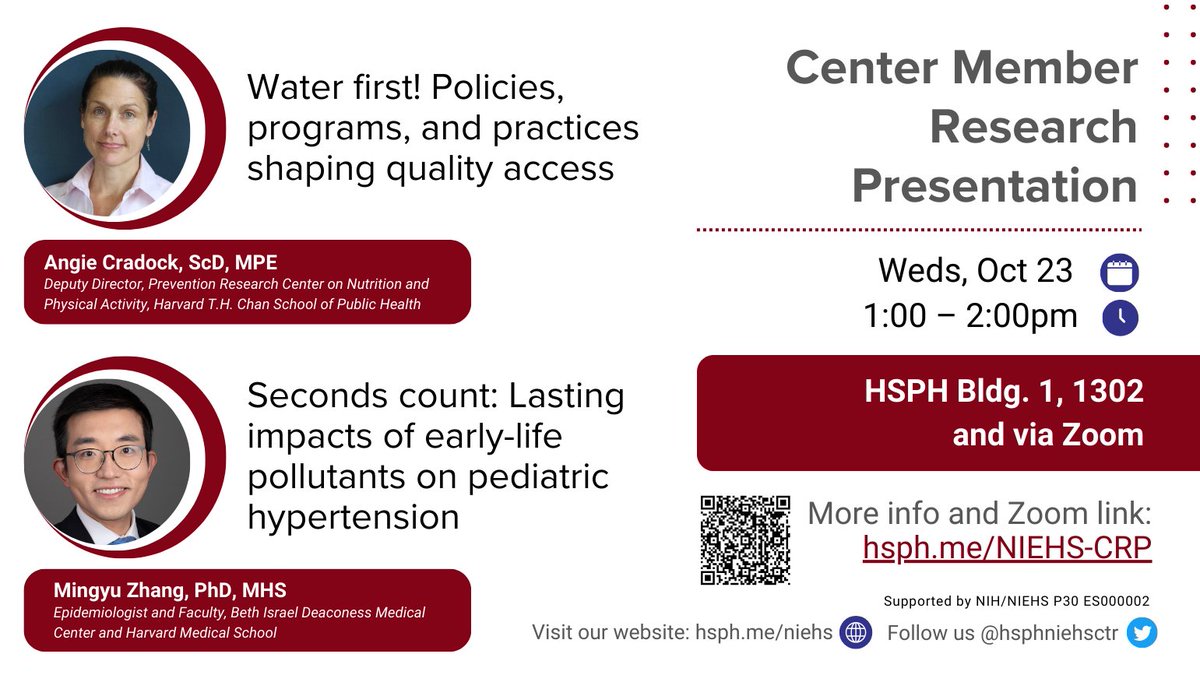 Harvard Chan NIEHS Center for Environmental Health (@hsphniehsctr) on Twitter photo Join us on Wednesday, October 23, for a Harvard Chan NIEHS Center Member Research Presentation with <a href="/MingyuZhangPhD/">Mingyu Zhang, PhD, MHS, FAHA</a> and Dr. Angie Cradock. In-person and virtual! Visit hsph.me/NIEHS-CRP for more info and Zoom registration. Join us on Wednesday, October 23, for a Harvard Chan NIEHS Center Member Research Presentation with <a href="/MingyuZhangPhD/">Mingyu Zhang, PhD, MHS, FAHA</a> and Dr. Angie Cradock. In-person and virtual! Visit hsph.me/NIEHS-CRP for more info and Zoom registration.
