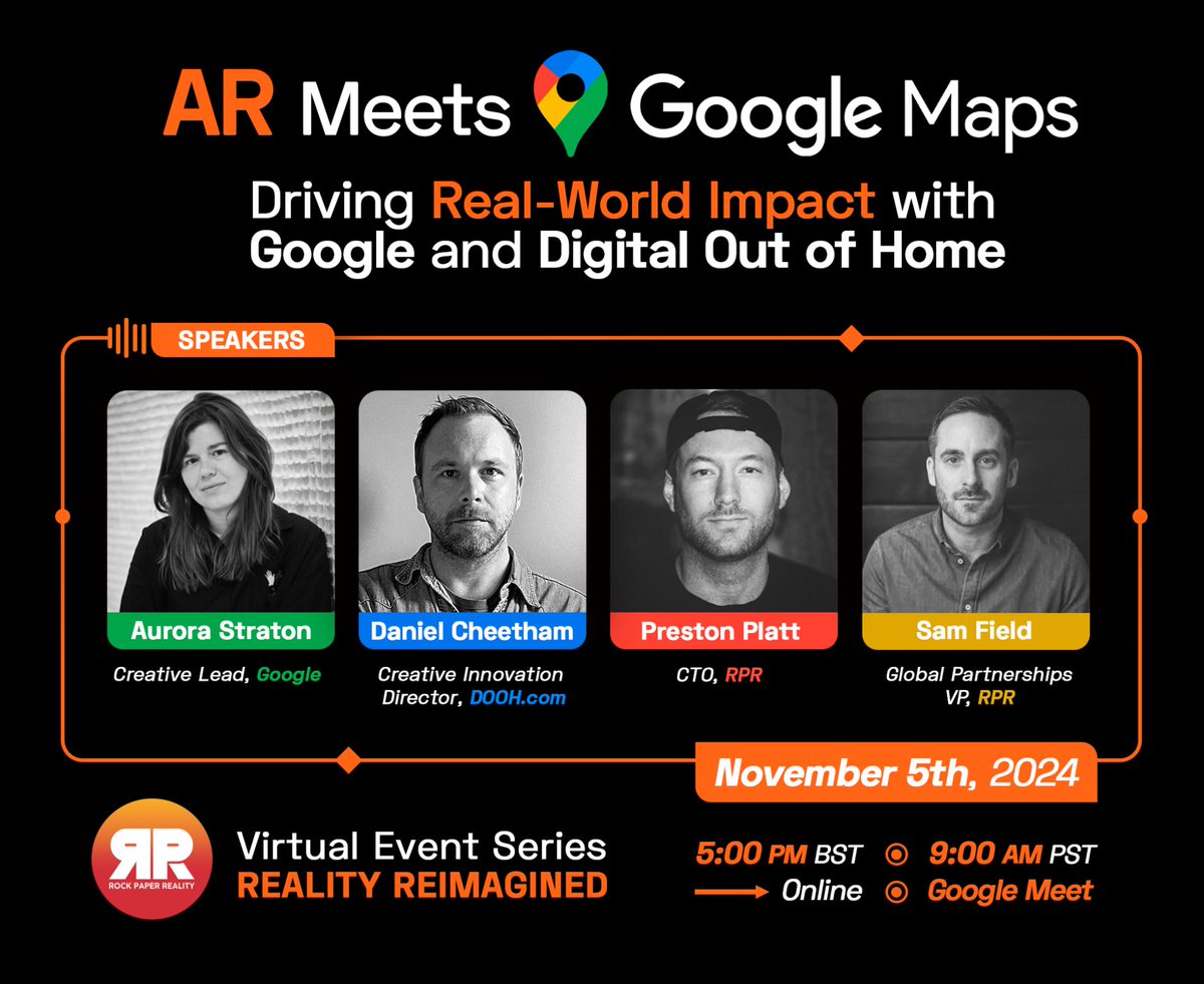 DOOH.com (@wearedooh) on Twitter photo We're excited to join <a href="/RockReality/">Rock Paper Reality</a> for “AR Meets Google Maps: Driving Real-World Impact with Google and Digital Out of Home” on Nov 5 at 5 PM BST / 9 AM PST! 🌍
Join our own Daniel Cheetham live as he discusses how AR is transforming digital out-of-home advertising. We're excited to join <a href="/RockReality/">Rock Paper Reality</a> for “AR Meets Google Maps: Driving Real-World Impact with Google and Digital Out of Home” on Nov 5 at 5 PM BST / 9 AM PST! 🌍
Join our own Daniel Cheetham live as he discusses how AR is transforming digital out-of-home advertising.