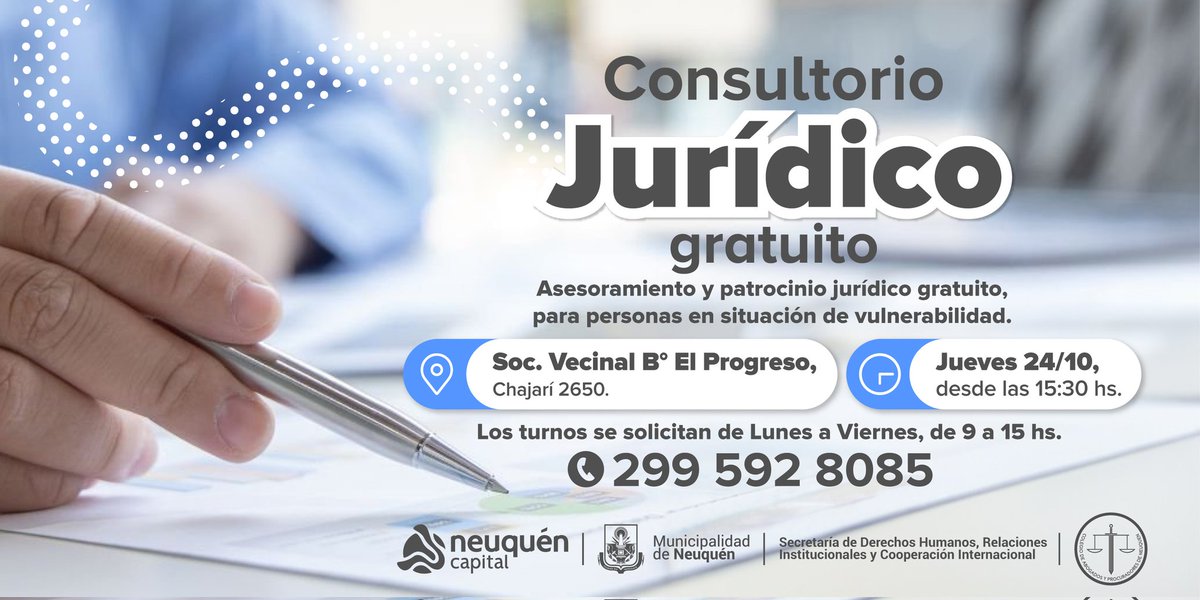 DDHH_RI_CI's tweet photo. ⚖️ Este jueves 24/10 desde las 15.30hs, junto con el @AbogadosNQN llevaremos adelante el #ConsultorioJurídicoGratuito en la Soc. Vecinal del #BarrioElProgreso.
📲 Turnos disponibles al 299 592 8085.
#SecretaríaDDHHRelInstitucionalesyCoopInternacional
#MunicipalidadDeNeuquén https://t.co/P0sy6F6vb0