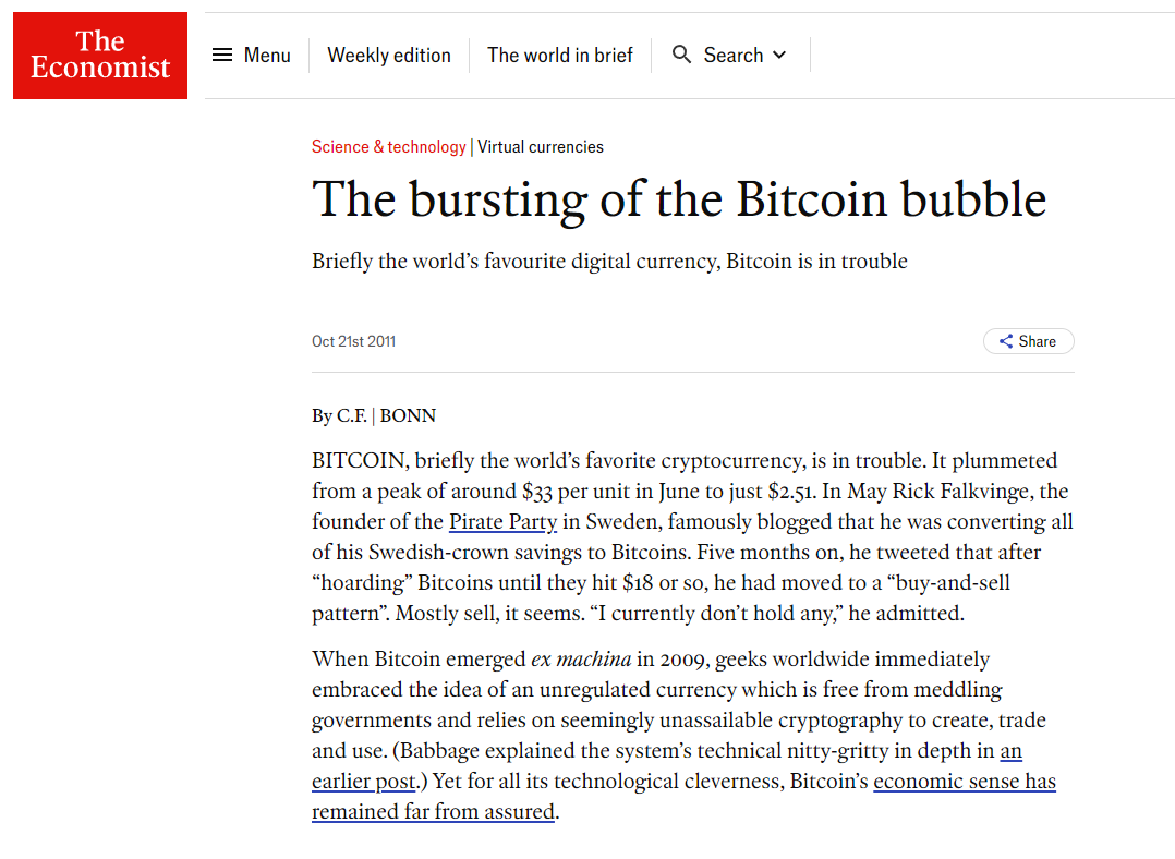 🎈 13 years ago, The Economist published an article titled "The bursting of the Bitcoin bubble," noting Bitcoin's price plummeting from $33 to $2.51.

📈 Since then, Bitcoin's bubble has inflated and burst multiple times, but its price has still surged more than 26,900-fold.