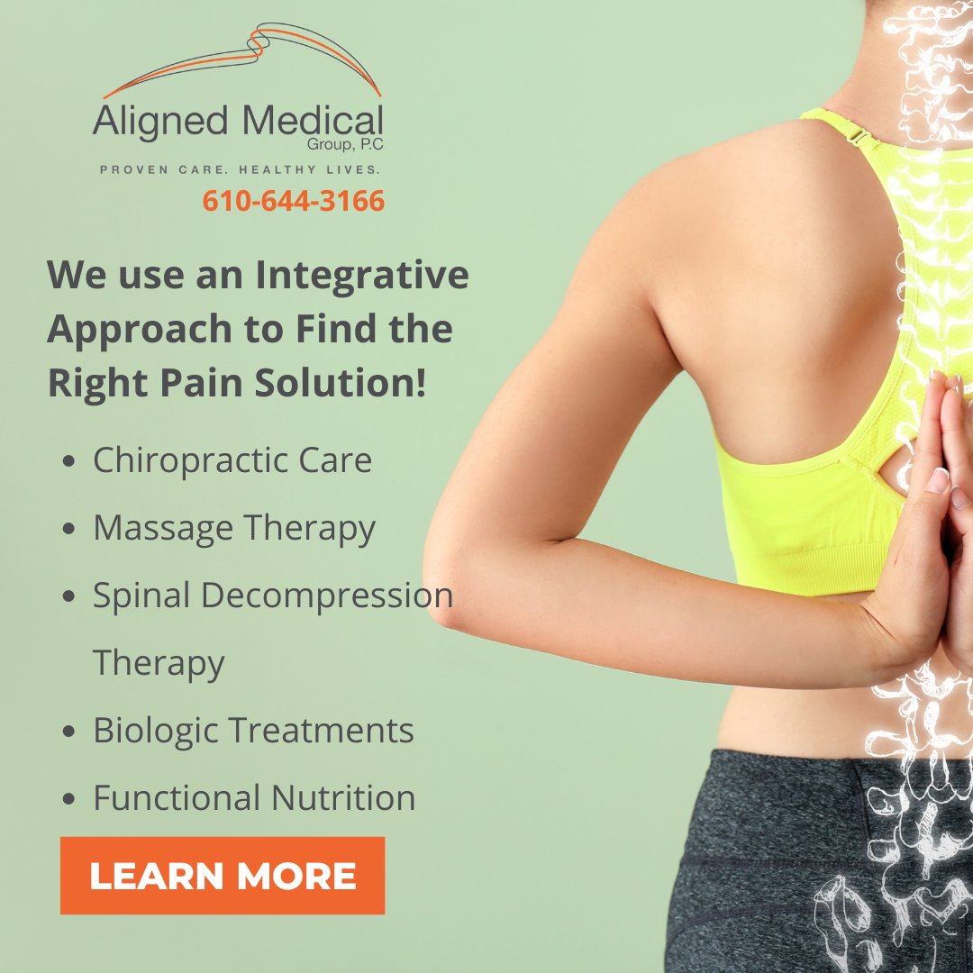 Aligned_Medical's tweet image. Aligned Medical Group uses an #IntegrativeApproach and various disciplines to find the right pain solution for you! 
✴️Chiropractic Care
✴️Massage Therapy
✴️Spinal Decompression Therapy
✴️Biologics
✴️Functional Nutrition
Learn more about our approach to #PainSolutions!
