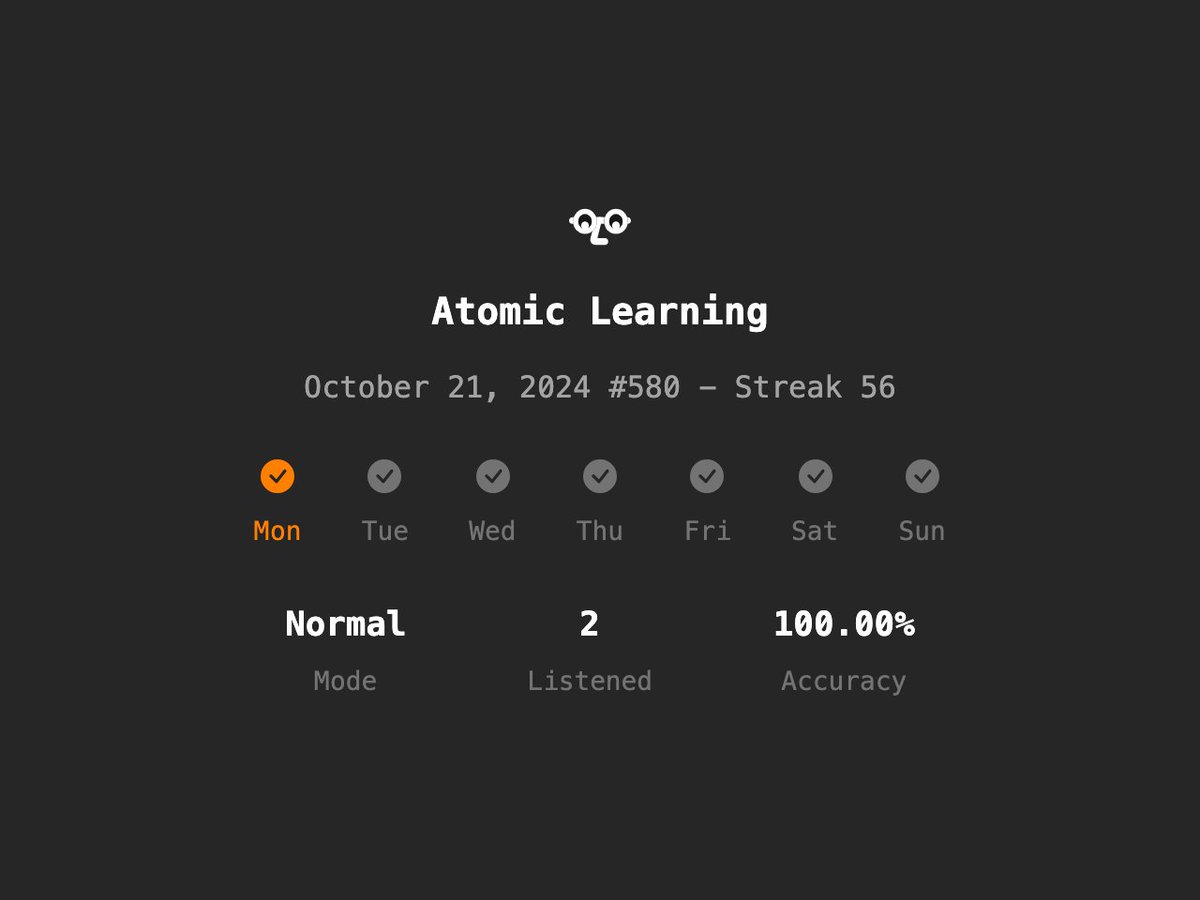 Atomic Learning #580 - Streak 56
Normal✨/2 Listened/100.00% Accuracy
en.atomiclearning.app
<a href="/atomiclearning_/">Atomic Learning</a> #AtomicLearning #langtwt