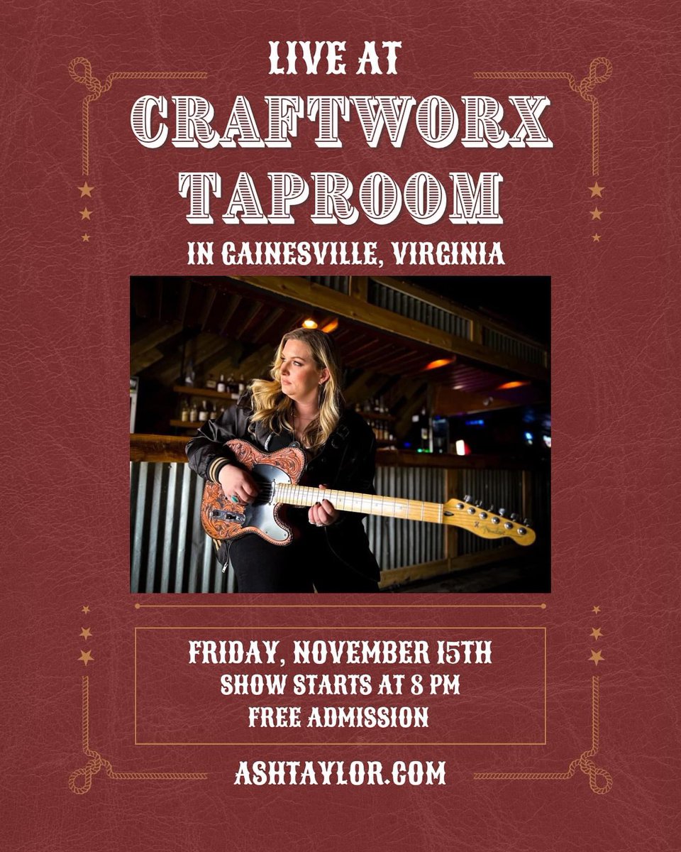 ashtaylormusic's tweet photo. Hey Virginia! Mark your calendars 📅

I’m coming to Gainesville,VA to play @craftworxtaproom on Friday, November 15th. You won’t want to miss this, so save the date and spread the word! See y’all there! 🤠 

#VirginiaBound #CountryMusic #LiveMusic https://t.co/1lnd6B2DFx