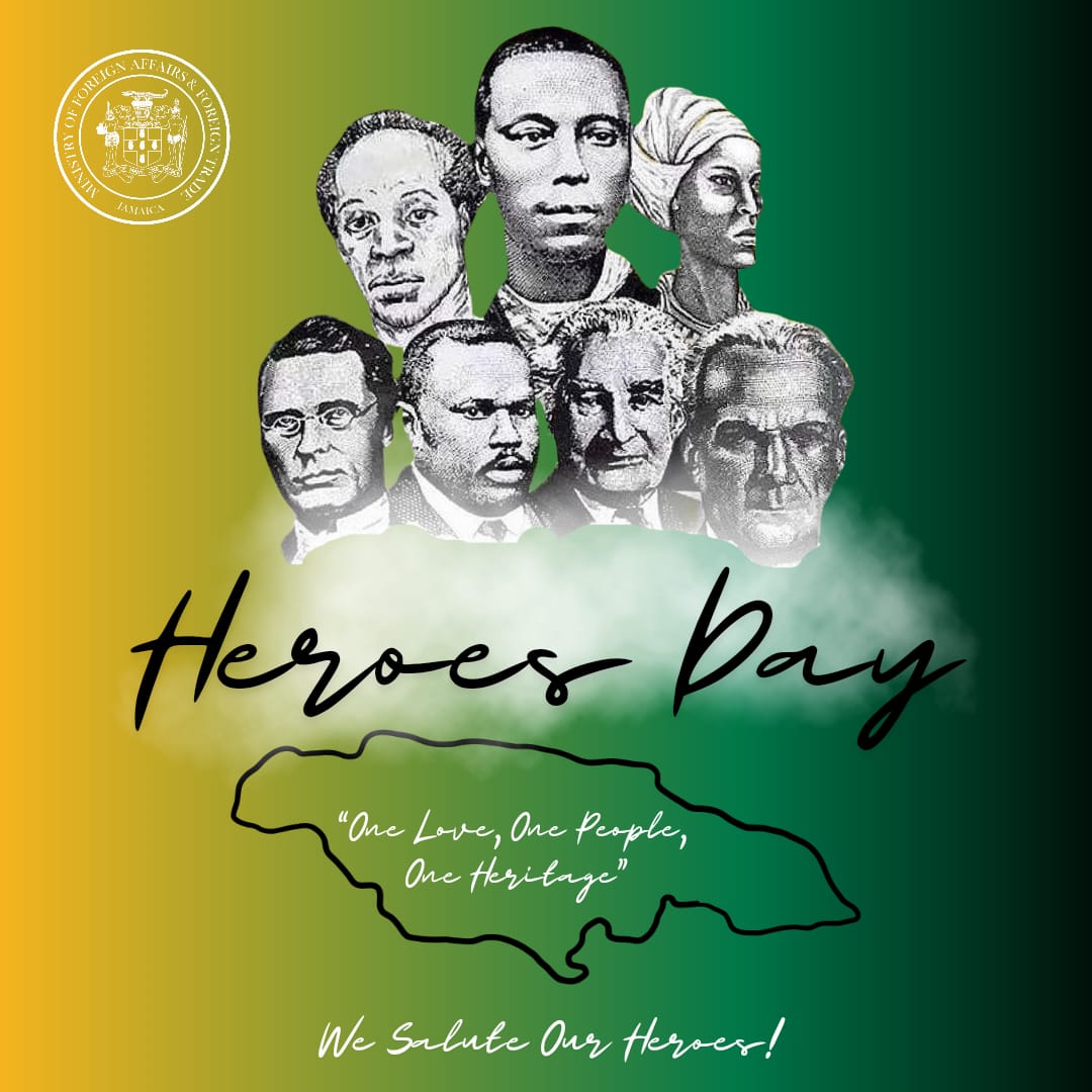 mfaftja's tweet photo. "On #HeroesDay let us celebrate our National Heroes, those we honour specially today, as well as those many unsung heroes who in their own space work every day to make #Jamaica a better place."- Sen. the Hon. @kaminajsmith, Minister of Foreign Affairs & Foreign Trade. #MFAFT https://t.co/fUgCIgyxG2