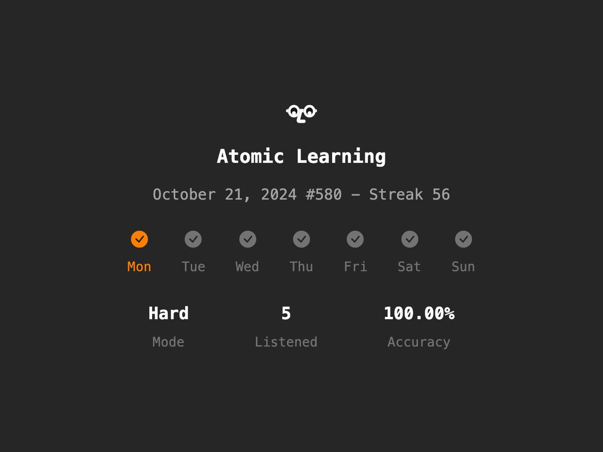 Atomic Learning #580 - Streak 56
Hard🔥/5 Listened/100.00% Accuracy
en.atomiclearning.app
<a href="/atomiclearning_/">Atomic Learning</a> #AtomicLearning #langtwt