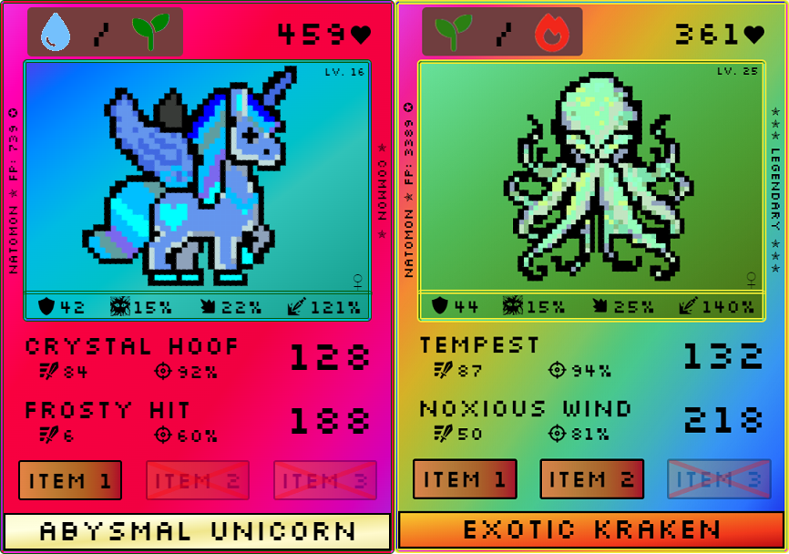 Gm Trainers!

🧬 In Natomon, the rarity combined with the DNA of each card defines all their stats. 
That's why, if you're lucky, you might find a card with a Common rarity that has the overall power of a Legendary card.

👀 Check out this Common Unicorn's attributes compared to