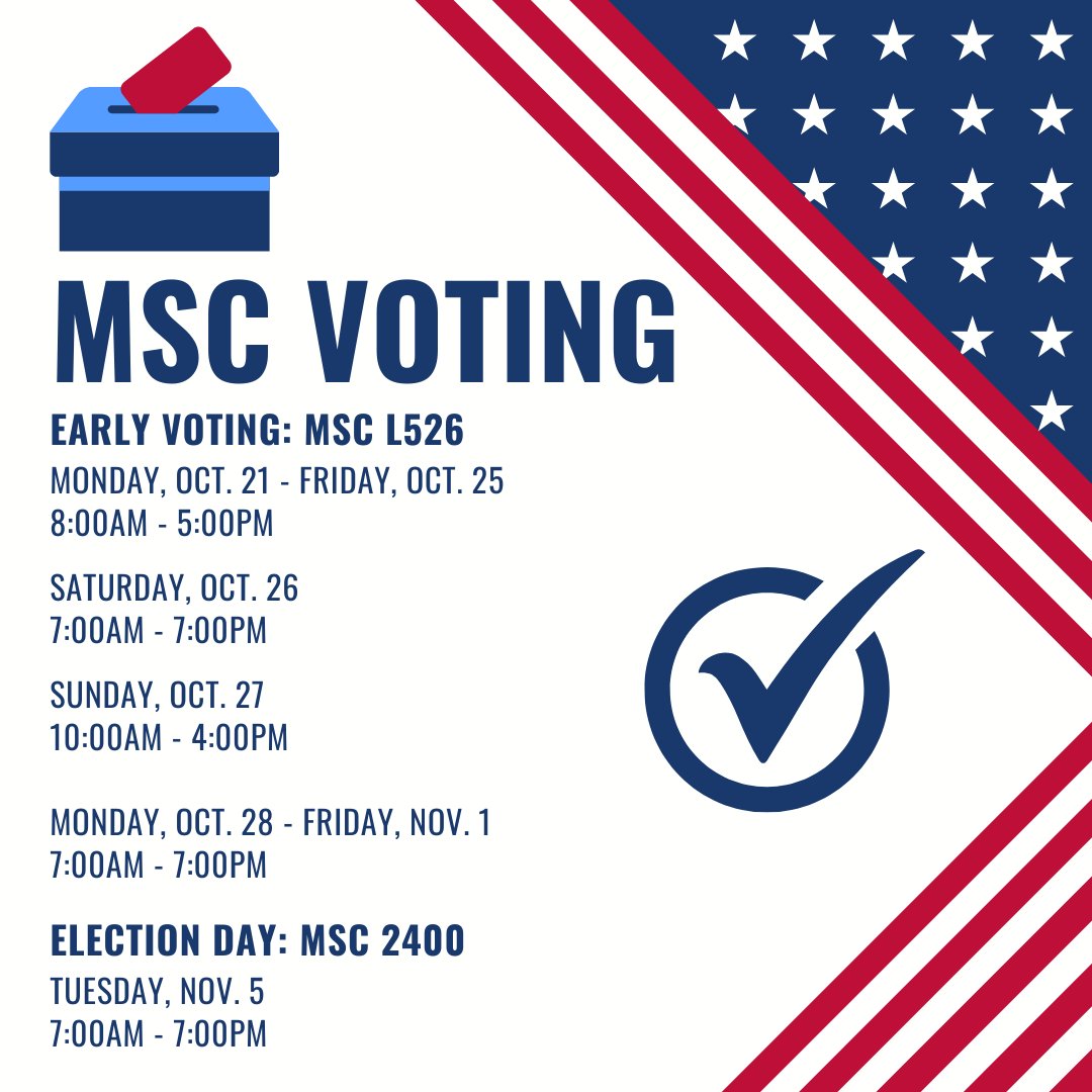 You can vote in the MSC, Ags! ✉️

Early voting and election day voting will be in the MSC at the locations and times listed above. Parking is free and kindly validated by Transportation Services.

We will also be sharing approximate wait times throughout the day! #vote