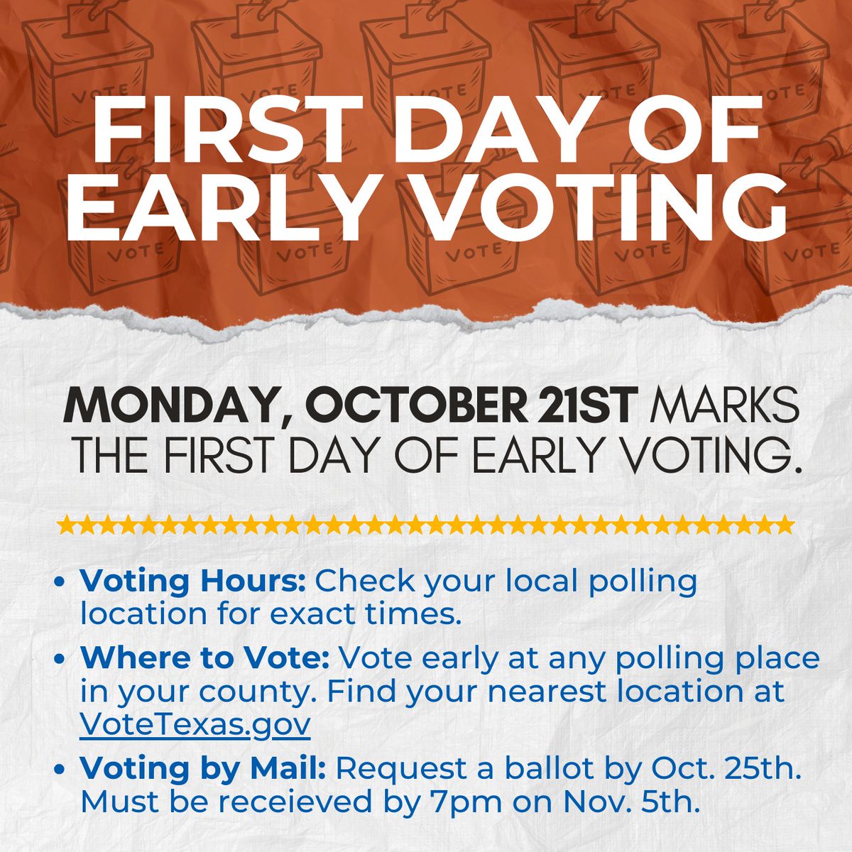 Ready, set, vote! 🗳️ Get out there and make your voice heard. See you at the polling booth! #EarlyVoting #TxEd #TxLege #GOTV