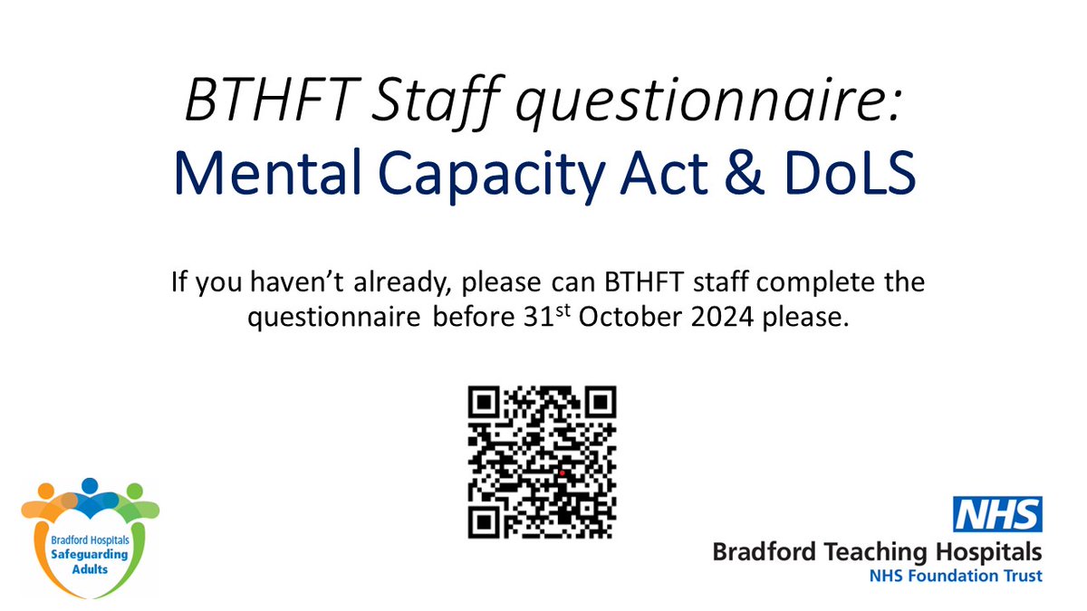 Ash Greaves (@greaves_ash) on Twitter photo Please RT and share amongst colleagues <a href="/BTHFT/">Bradford Teaching Hospitals NHS FT</a> <a href="/BTHFTUG_meded/">BTHFT Education - UnderGrad Medical Education</a> <a href="/BTHFT_OT_Physio/">OT & Physiotherapy Services @BTHFT</a> <a href="/BTHFTPharm/">BTHFT Pharmacy 💊</a> <a href="/bthft_od/">OD Team BTHFT 🌈💙</a> @Mel_Pickup
<a href="/BTHFTSafeguard1/">BTHFT Safeguarding Adults</a> are assessing knowledge and skills in relation to MCA & DoLS within BTHFT staff (all professions).
Here's the link ➡️ forms.office.com/e/Tbq3MaqRxW Please RT and share amongst colleagues <a href="/BTHFT/">Bradford Teaching Hospitals NHS FT</a> <a href="/BTHFTUG_meded/">BTHFT Education - UnderGrad Medical Education</a> <a href="/BTHFT_OT_Physio/">OT & Physiotherapy Services @BTHFT</a> <a href="/BTHFTPharm/">BTHFT Pharmacy 💊</a> <a href="/bthft_od/">OD Team BTHFT 🌈💙</a> @Mel_Pickup
<a href="/BTHFTSafeguard1/">BTHFT Safeguarding Adults</a> are assessing knowledge and skills in relation to MCA & DoLS within BTHFT staff (all professions).
Here's the link ➡️ forms.office.com/e/Tbq3MaqRxW