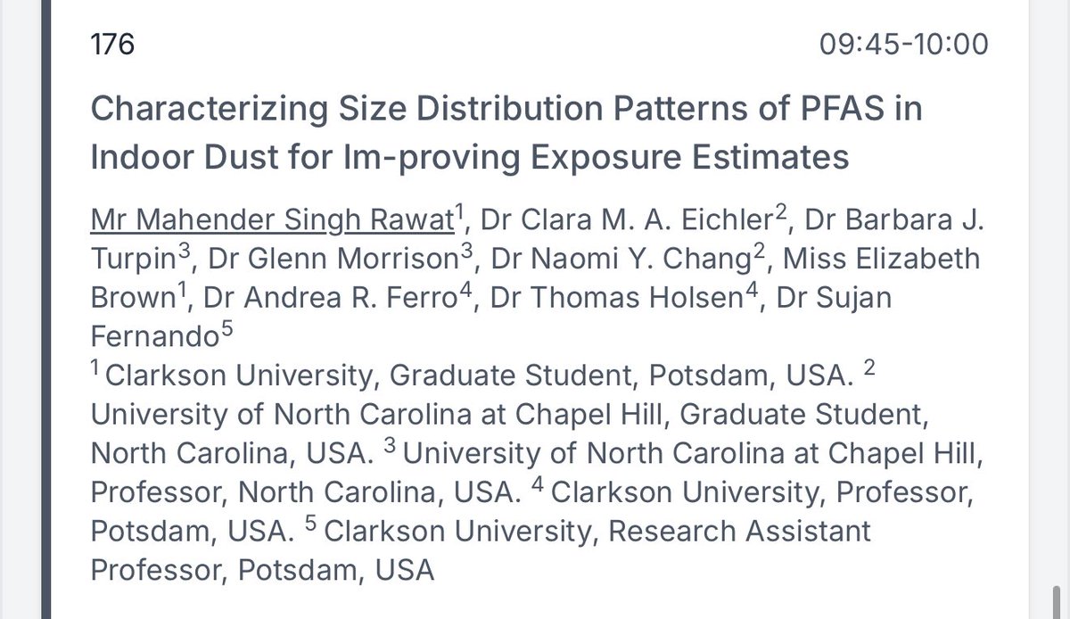 Mahender__MSR's tweet photo. Excited to present today at #ISES2024 Montreal in the session 'Beyond Legacy PFAS: Human Exposure to Novel PFAS and PFAS Mixtures - Part 1!' I'll be sharing insights on the size distribution of PFAS in indoor dust. If you're attending, stop by and let's chat! https://t.co/arqFd57w4A