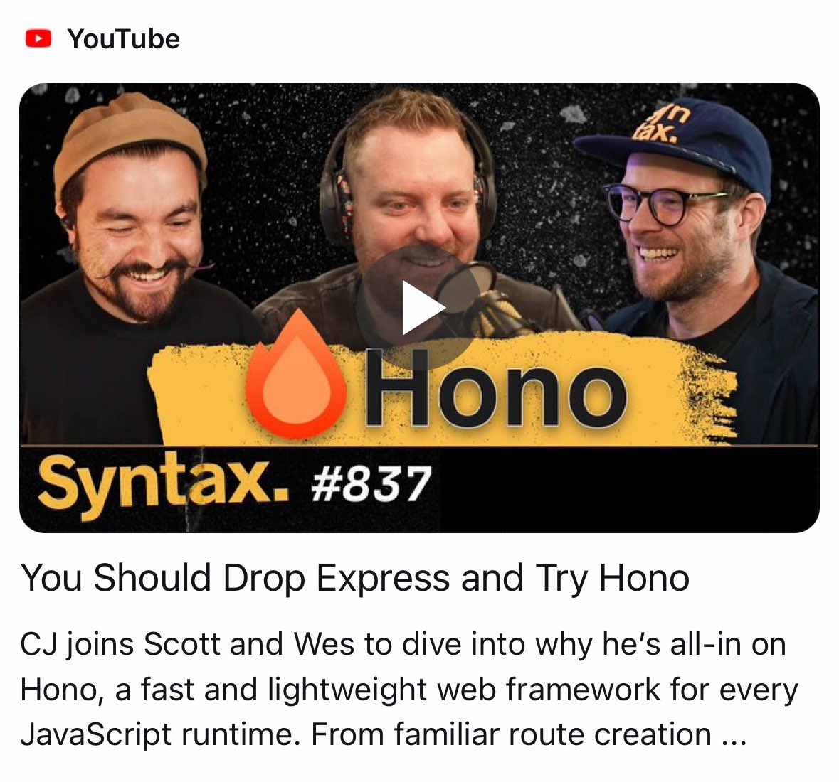 世界で一番人気のテック系Podcastにえらいタイトルで出た

“You Should Drop Express and Try Hono”