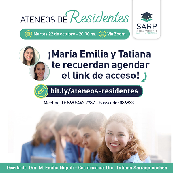 sarpargentina's tweet image. ⏰ ¡Ya llega un nuevo ateneo de #residentes de la #SARP!

Anotá los datos de acceso:
👉 Link: bit.ly/ateneos-reside…
Meeting ID: 869 5442 2787 - Passcode: 086833

📅Martes 22 de octubre - 20:30 hs.
👩‍⚕️Presenta: Dra. M. Emilia Nápoli
👩‍⚕️Coordina: Dra. Tatiana Sarragoicochea