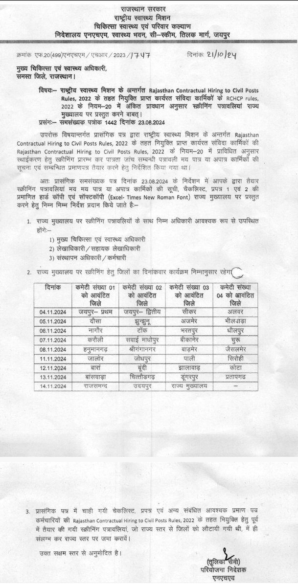 Rajsanvidha's tweet photo. CSR रूल्स 2022 के तहत स्वास्थ्य विभाग NHM मे #संविदाकर्मियों  के नियमितीकरण हेतु राज्यस्तरीय स्क्रीनिंग कैलेंडर जारी @RajCMO @BhajanlalBjp @KumariDiya @RajGovOfficial https://t.co/t0SwpUsn4b