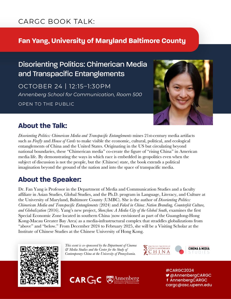CARGC (@annenbergcargc) on Twitter photo This Thursday (10/24) at 12:15 pm, Professor Fan Yang <a href="/FanfanYang/">Fan Yang ęØåø</a> will talk about her recent book, "Disorienting Politics: Chimerican Media and Transpacific Entanglements". Learn more and register at asc.upenn.edu/news-events/ev⦠. This Thursday (10/24) at 12:15 pm, Professor Fan Yang <a href="/FanfanYang/">Fan Yang ęØåø</a> will talk about her recent book, "Disorienting Politics: Chimerican Media and Transpacific Entanglements". Learn more and register at asc.upenn.edu/news-events/ev⦠.