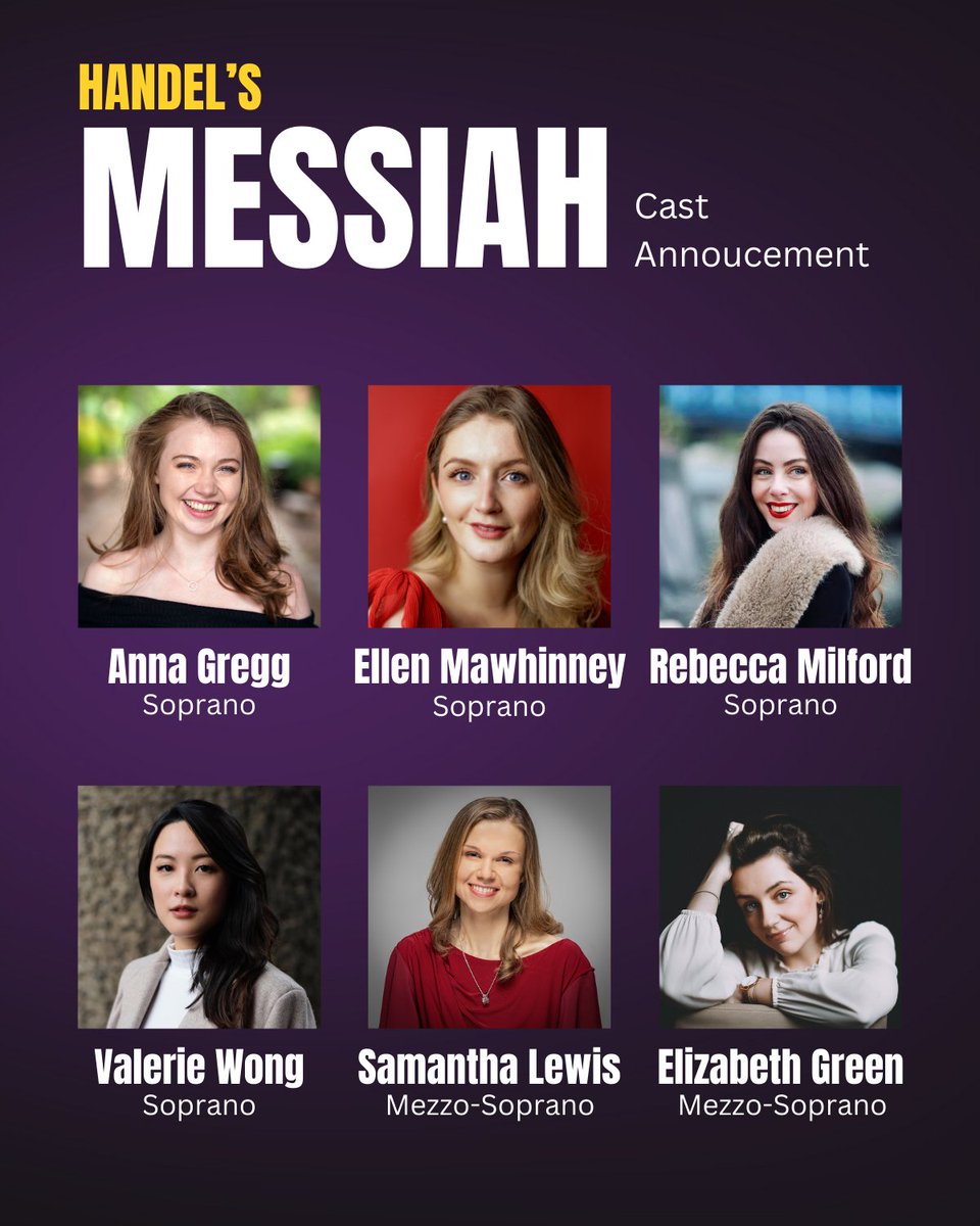 ✨ Cast Announcement – Part 1 ✨
The Messiah tour is back, and we’re thrilled to introduce the incredible talent leading the way! 🌟

Anna Gregg
<a href="/EllenMawhinney/">Ellen Mawhinney</a>  
<a href="/RMilfordSop/">Rebecca Milford</a>  
Valerie Wong
Samantha Lewis
Elizabeth Green

ulstertouringopera.com/shows/messiah/