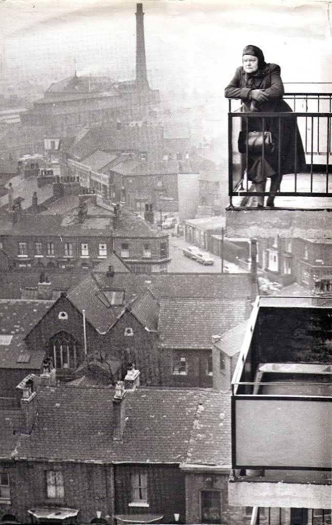 Actress Violet Carson (Ena Sharples), looking over Salford, Manchester in 1968.