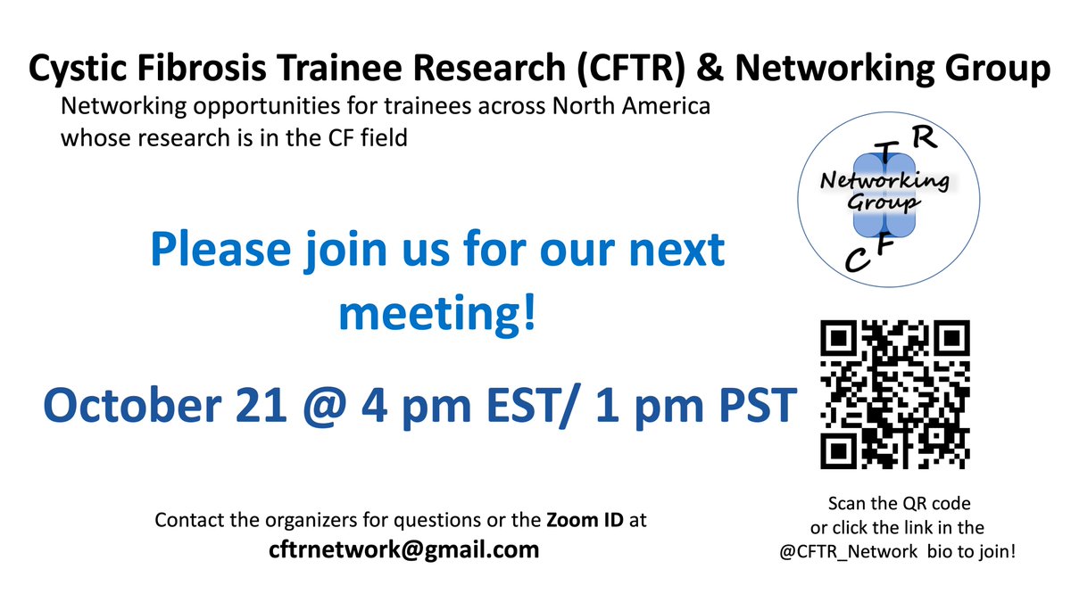 Please join us TODAY (10/21) @ 4 pm EST/ 1 pm PST over Zoom for our next CFTR Networking group meeting! We are excited to have Chad Miller, PhD, co-founder of Nosis Bio, share his journey in the biotech field. <a href="/CF_Foundation/">Cystic Fibrosis Foundation</a> <a href="/jmcmicrobe/">Jodi Corley</a> @sherylEFerns @anamariaj7