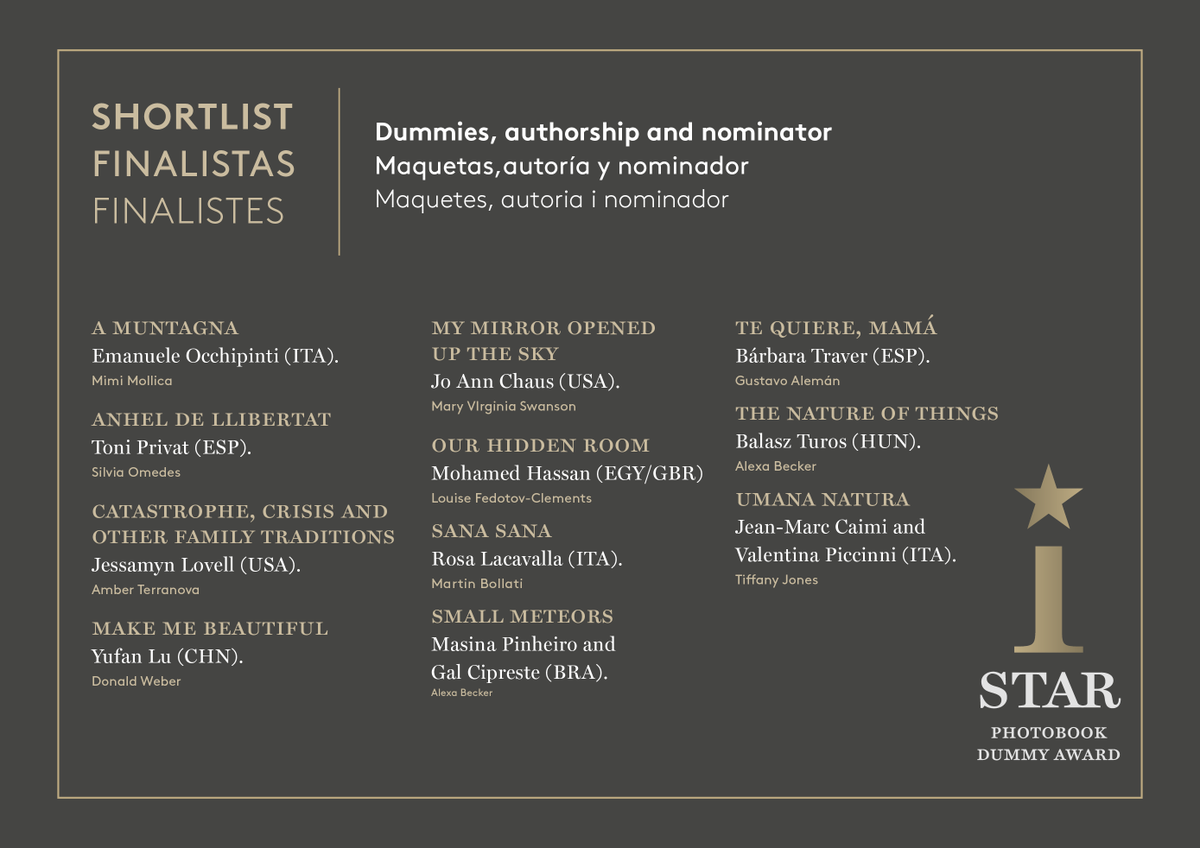 Shortlist for the #StarPhotobookDummyAward 2024!

After deliberation by the jury, we proudly present the 1️⃣1️⃣ #StarAward winning dummy!

In a few days days we will announce the #StarAward winning dummy!

⭐️ stardummyaward.com