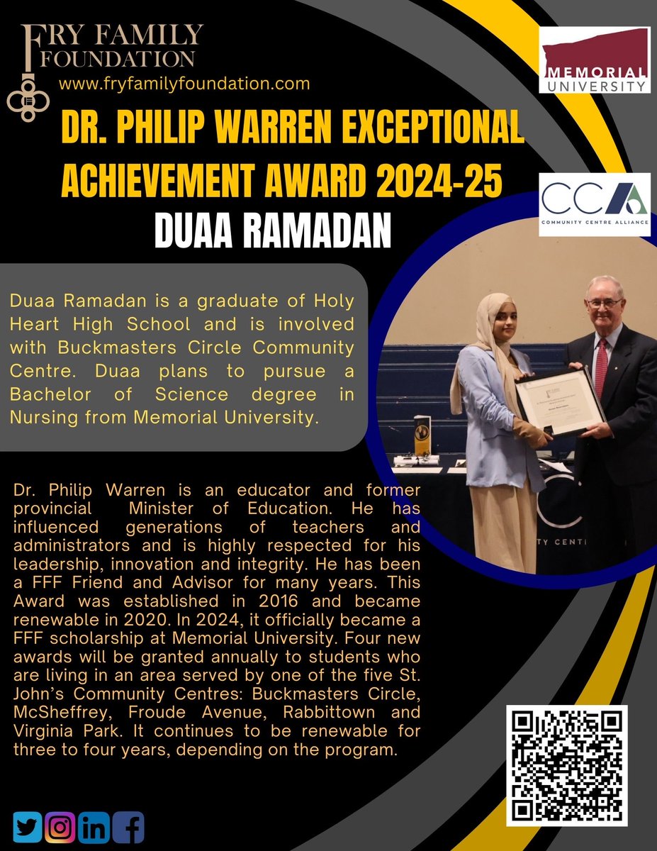Congrats Duaa Ramadan on receiving a FFF Dr. Phil Warren Award for ⁦<a href="/MemorialU/">Memorial University</a>⁩ ! ⁦<a href="/bmc_centre/">BMC Centre</a>⁩ ⁦@CCA_NL⁩ ⁦<a href="/MUN_Nursing/">Faculty of Nursing</a>⁩ @hhmoffice1@froudeavecc ⁦<a href="/Macmorrancc/">McSheffrey Resource Centre</a>⁩ ⁦@VirginiaParkCC⁩ ⁦<a href="/NLSchoolsCA/">NLSchools</a>⁩ #community #education #leadership