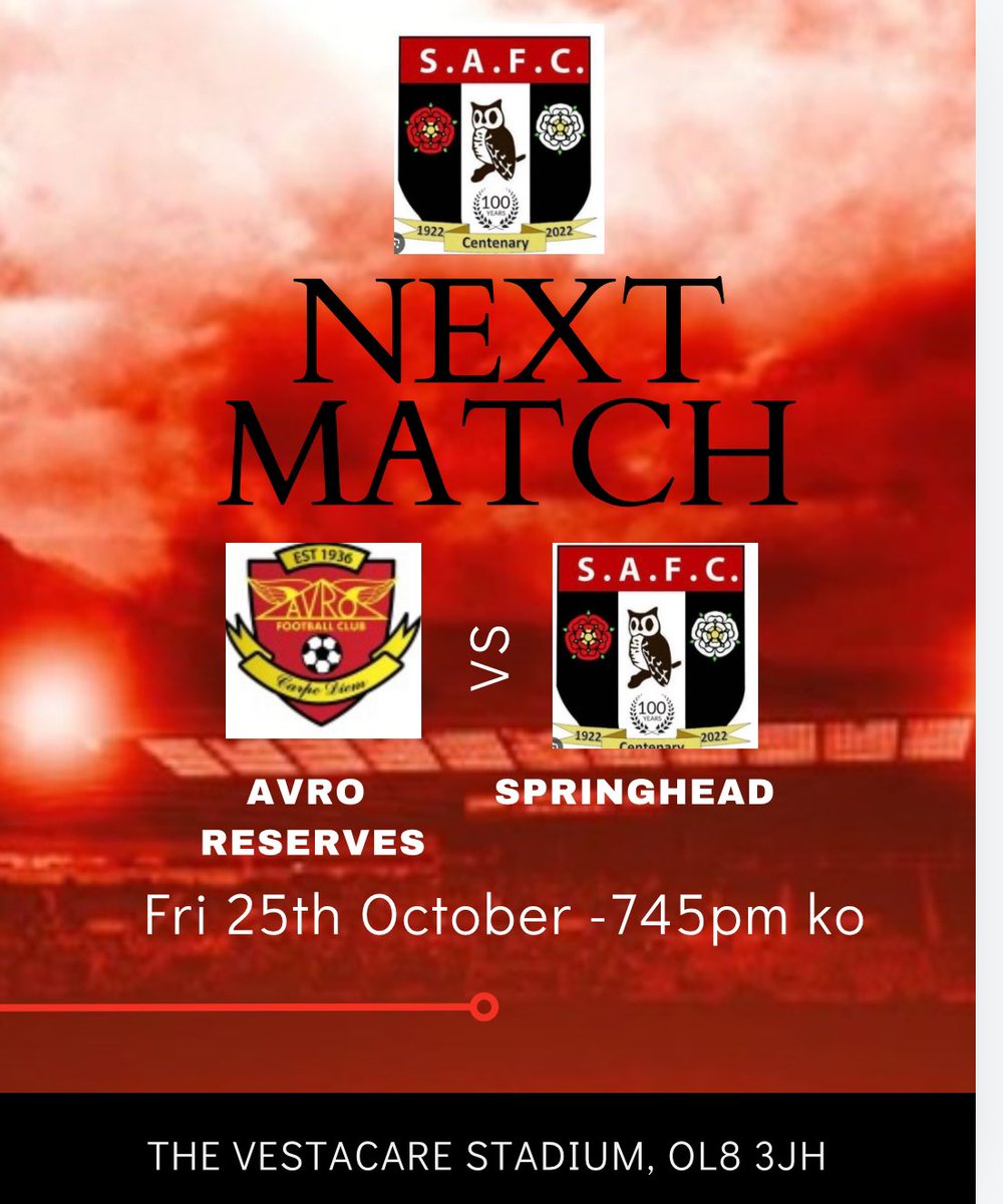Friday night football this week for our unbeaten 1st team and it’s a cracker in store! We take the short journey for a local derby with@AvroFC reserves at The Vestacare stadium. Be great to get big following down to support the lads. Game kicks off 745pm, free entry and food van