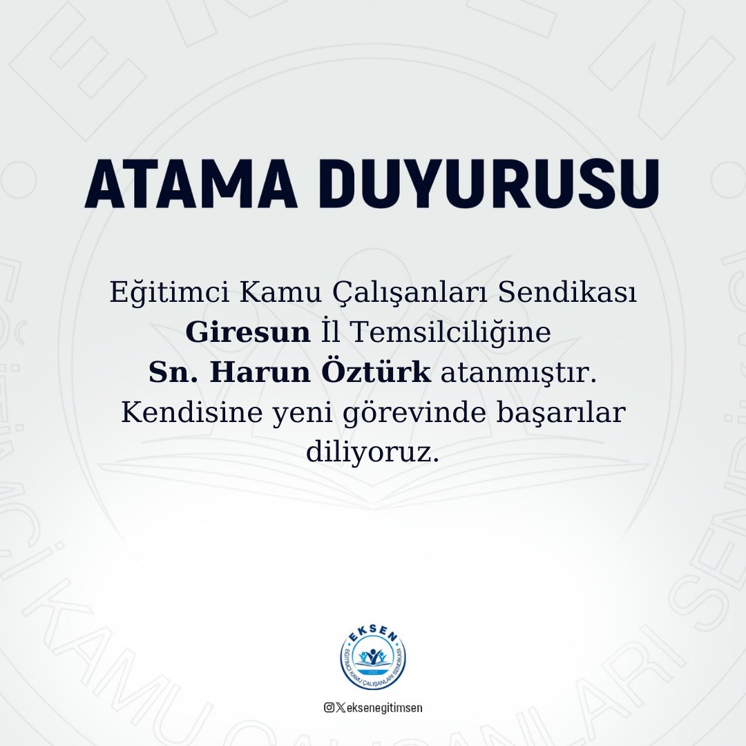 Eğitimci Kamu Çalışanları Sendikası’nın Giresun İl Temsilciliğine Sn. Harun Öztürk atanmıştır. Kendisine yeni görevinde başarılar diliyoruz.