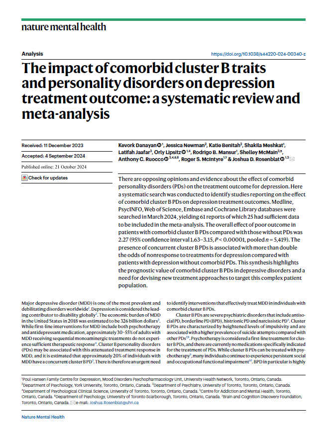 See our <a href="/NatMentHealth/">Nature Mental Health</a> Paper published today

The impact of comorbid cluster B traits and #personality disorders on #depression treatment outcome

<a href="/UofTNews/">U of T News</a> <a href="/UofTPsych/">UofTPsychiatry</a> <a href="/MDPU_TWH/">Mood Disorders Psychopharmacology Unit</a> <a href="/UHN/">University Health Network</a> <a href="/KBI_UHN/">Krembil Brain Institute</a> <a href="/UHN_Research/">UHN Research</a> 

<a href="/Nature/">nature</a> 

rdcu.be/dXA1D

1/3