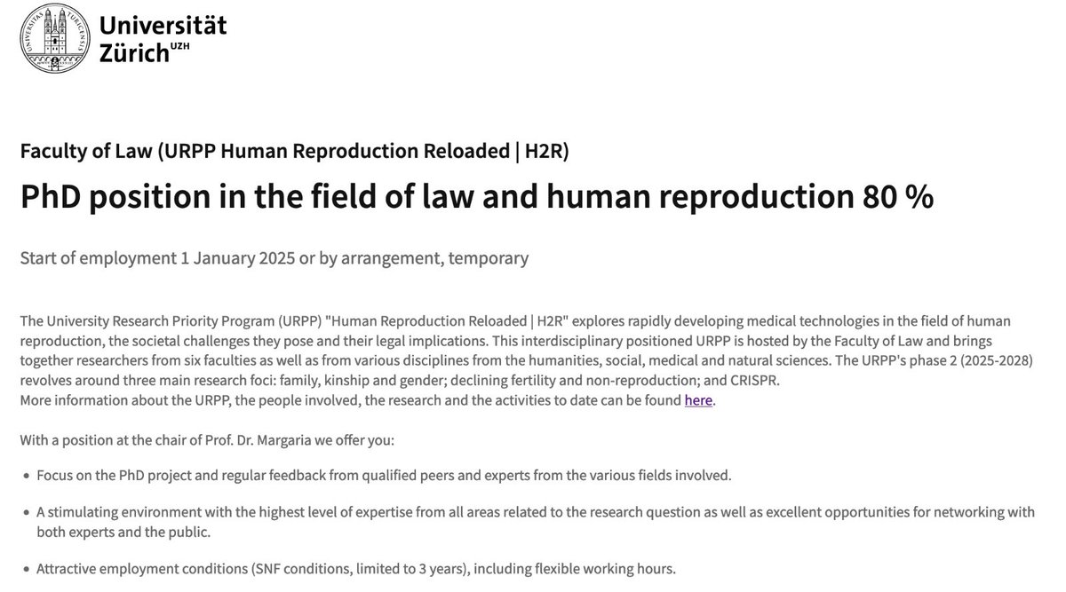 AliceMargaria's tweet photo. Looking for a PhD position in law &amp; repro? 

Come work w/ me @UZH_H2R!

Possible areas: family law | legal gender studies | human rights | medical law 

Interest in socio-legal and empirical qual methods highly desirable

Start: beg 2025

Apply by 30 Nov

https://t.co/PhOvpXaIpp https://t.co/wKbmNT3UKE