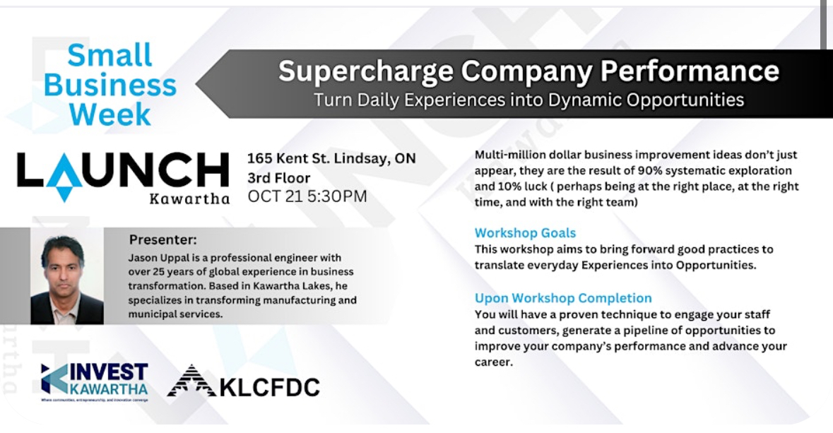 Join us today  for "Supercharge Company Performance" from 5:30 p.m. to 7:30 p.m. Attend this free session led by Major-Jason Uppal, P.Eng.

Register now at: lnkd.in/g6at7HpD

#SmallBusinessWeek

<a href="/FedDevOntario/">FedDev Ontario</a>