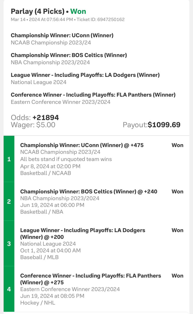 PickEmBean's tweet image. A ticket that I placed back in March of 2024… kicking myself for not putting more than 5$ on it 🤦‍♂️