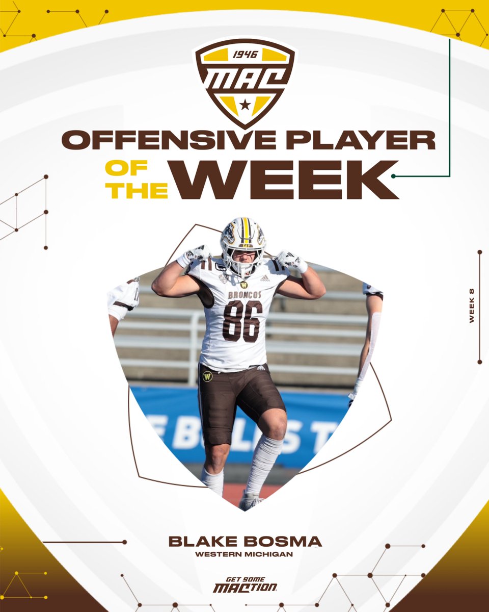 🏈 Offensive Player of the Week 🏈

<a href="/blake_bosma/">Blake Bosma</a> was instrumental in Western Michigan's road win at Buffalo, helping WMU move into first place in the MAC. Bosma caught six passes for 85 yards and became the first tight end in WMU history to catch three touchdown passes in a