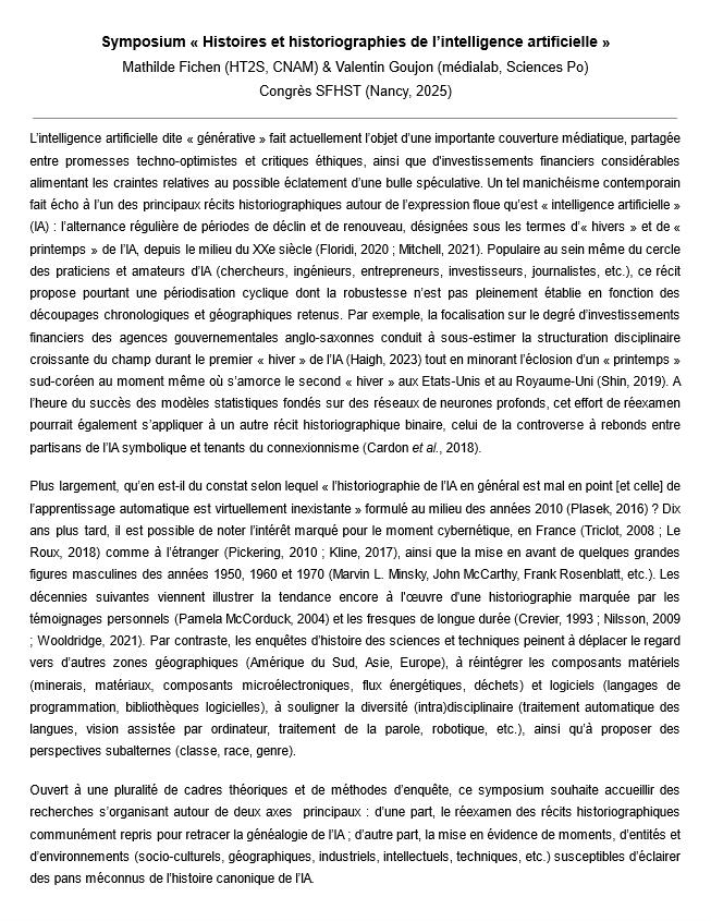 ValGoujon's tweet photo. Avis aux amateur·ices d'histoire des sciences et techniques ! Avec @m_fichen (@LeCnam), nous avons le plaisir d'organiser un panel dédié aux « Histoires et historiographies de l'IA » à l'occasion du prochain congrès de la SFHST (Nancy, 9-11 avril 2025). 

Argumentaire à lire ⤵️ https://t.co/mgzh49k2qN