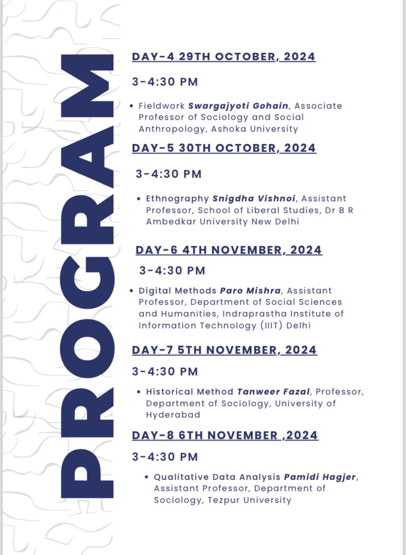 PratishaPratz's tweet photo. Excited to share the program schedule of the upcoming research methodology workshop organised by @CottonUniversi1 in collaboration with @SociologyDoing https://t.co/fnjZQYqKl3