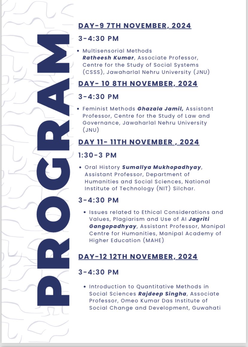 PratishaPratz's tweet photo. Excited to share the program schedule of the upcoming research methodology workshop organised by @CottonUniversi1 in collaboration with @SociologyDoing https://t.co/fnjZQYqKl3