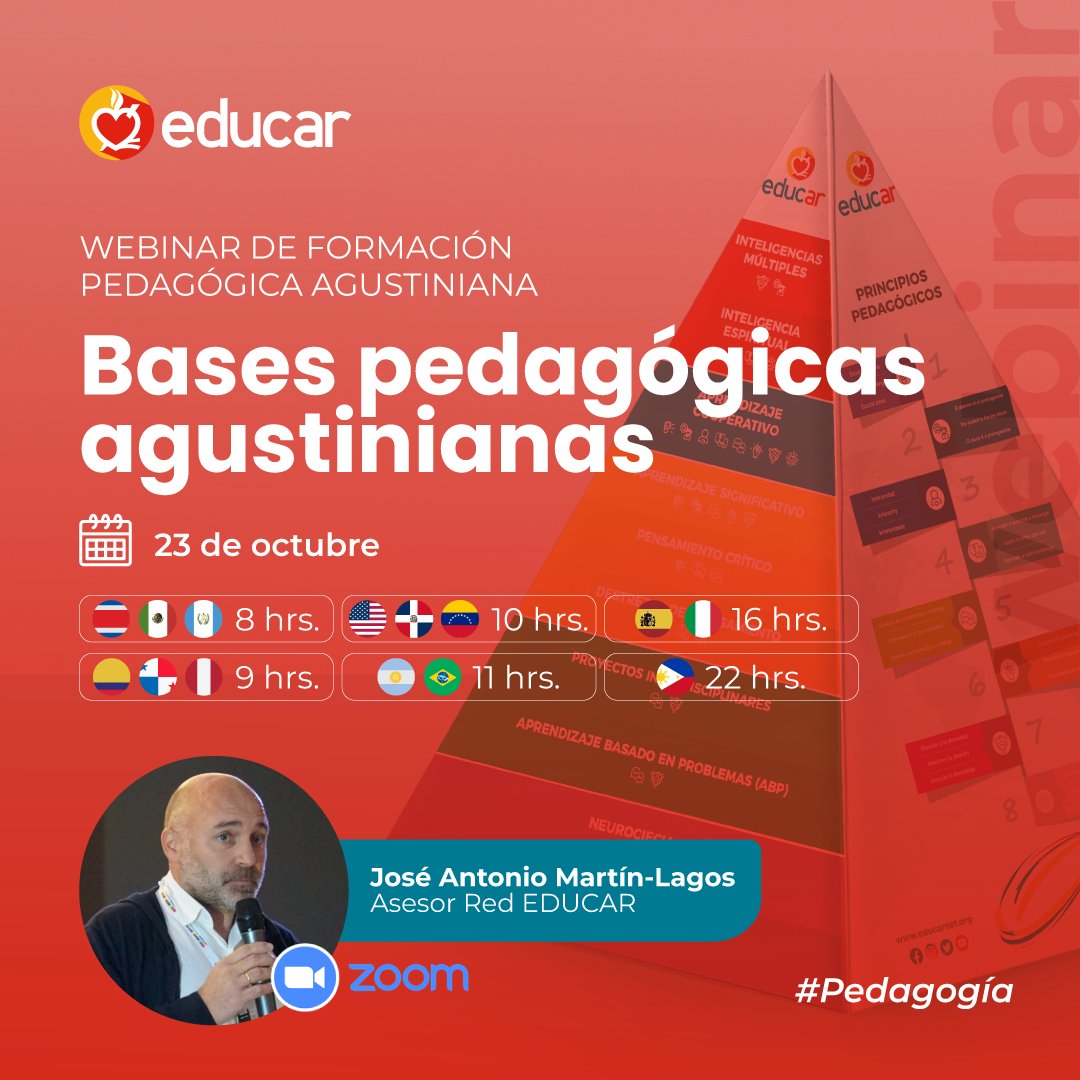 educar_net's tweet image. #NuevoWebinar | Bases pedagógicas Agustinianas 📣Este miércoles profundizaremos sobre la importancia de este documento y nuestra pirámide de aprendizaje.

📅 Fecha: 23 de octubre
🕒 Hora: Horario según tu país.
📍 Plataforma: Zoom* (solicita el enlace a tu directivo).