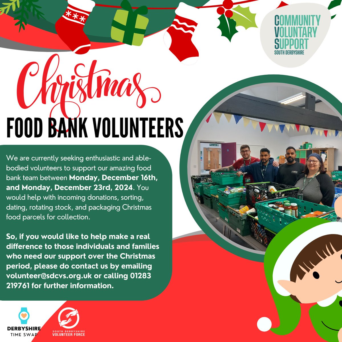 SDVolForce's tweet image. We are currently seeking enthusiastic and able-bodied volunteers to support our amazing food bank team between Monday, December 16th, and Monday, December 23rd, 2024. All-day, morning, and afternoon slots are available contact us at volunteer@sdcvs.org.uk or call 01283 219761.
